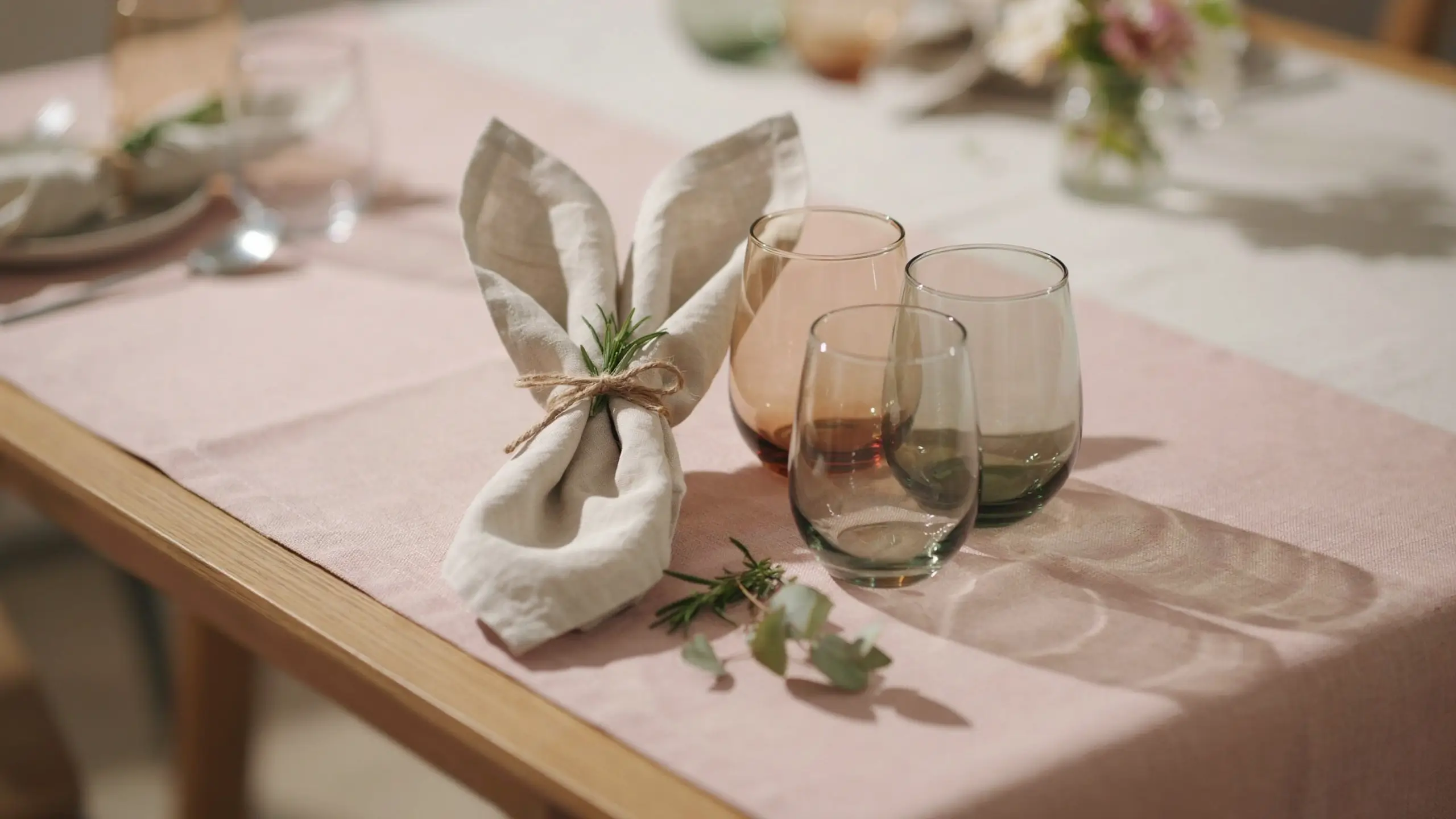 Folded cream linen napkin tied with natural jute twine and a sprig of fresh rosemary, placed beside amber and smoky grey stemless glass tumblers on a soft pink table runner for an earthy, romantic table decor.