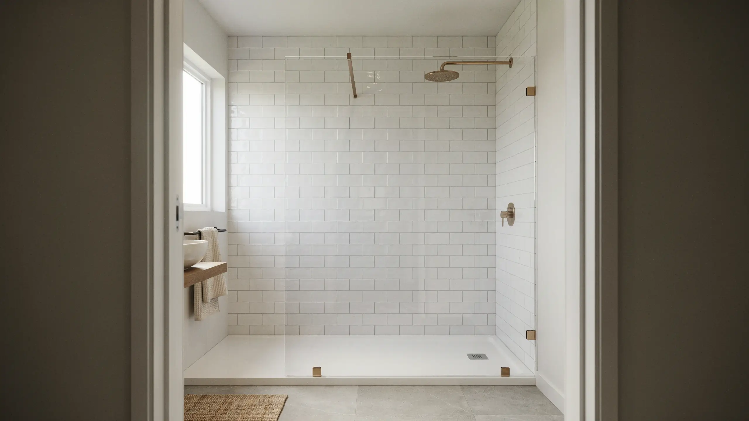Frameless clear glass walk-in shower featuring white subway tile walls, a white stone shower pan, and modern brushed bronze rainfall shower hardware in a bright bathroom.