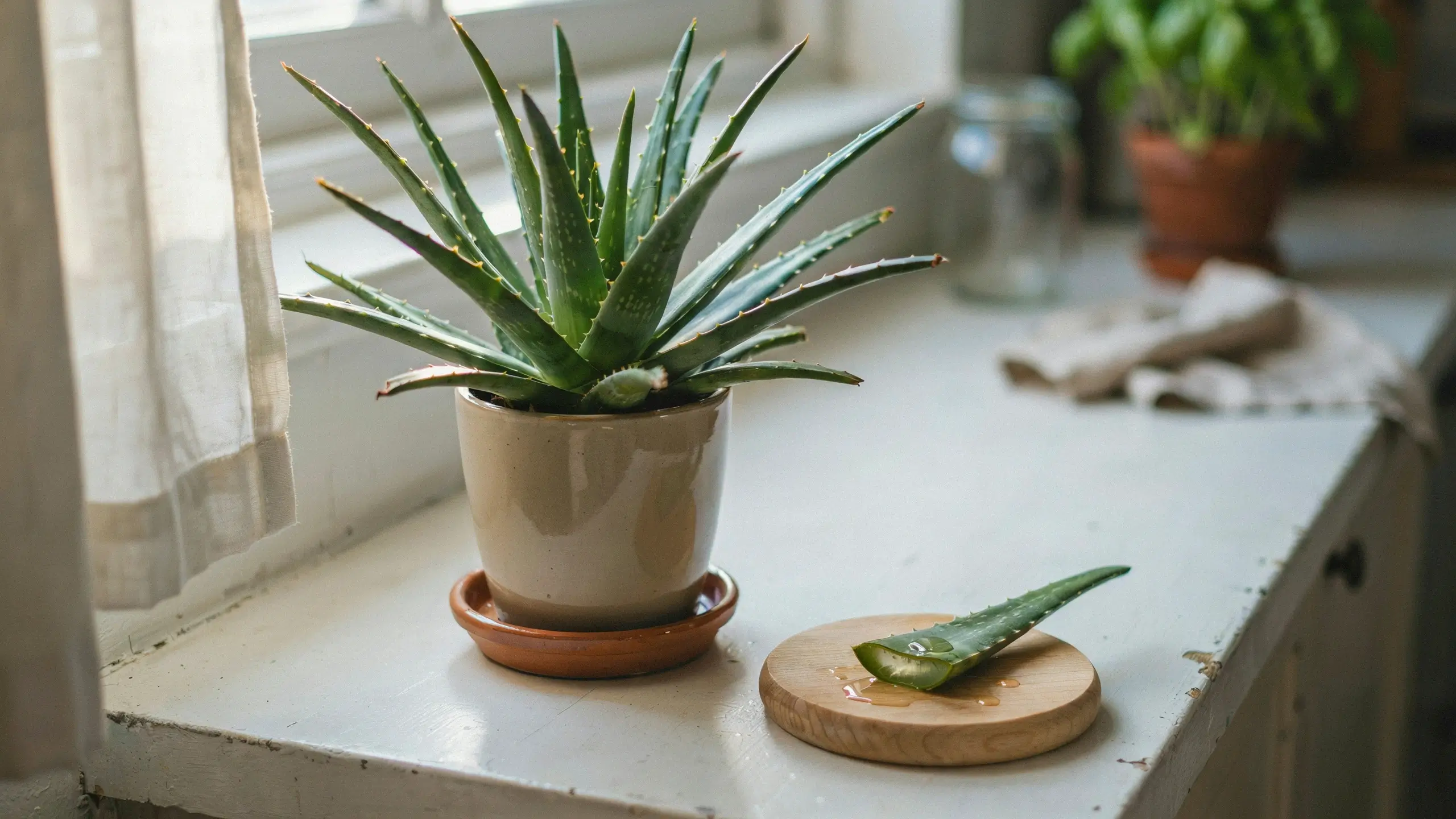 Freshly cut aloe vera leaf oozing natural clear gel beside a potted succulent plant on a sunny white windowsill.