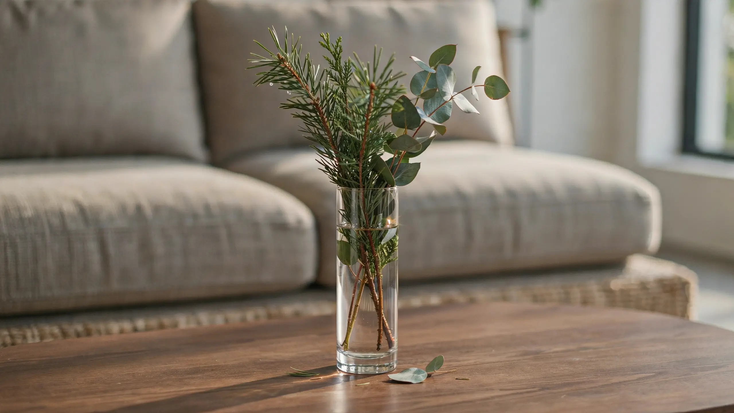 A clear glass vase with water holding fresh pine and eucalyptus greenery placed on a wooden coffee table in a cozy, neutral-toned living room.