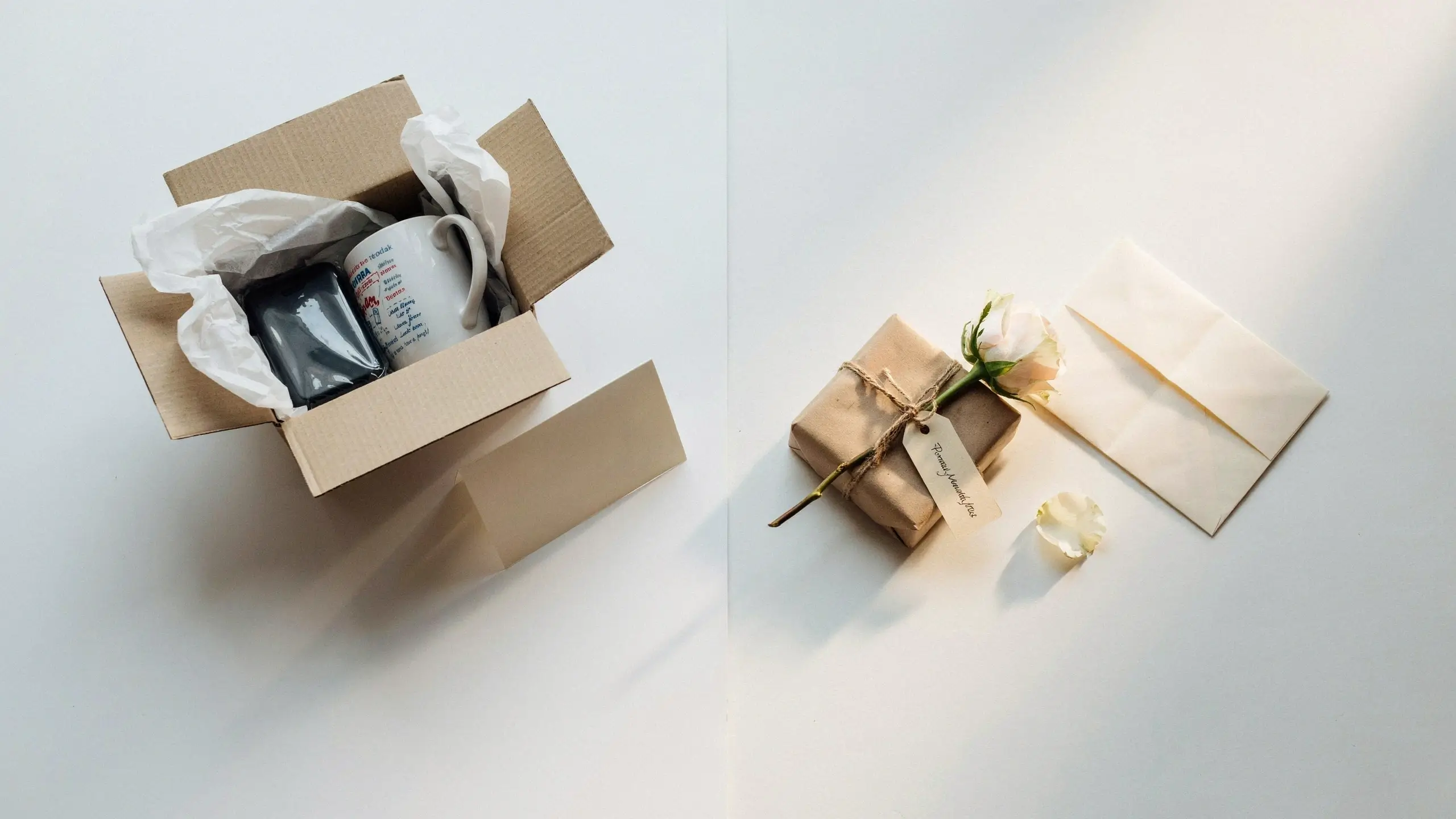 An overhead flat lay showing an open cardboard box with a white mug and black pouch next to a small kraft-paper wrapped gift tied with twine, a cream rose, and an envelope. This minimalist composition visually illustrates the article's tips on the mistakes to avoid when gifting grandpa to ensure a sentimental and well-presented present. 