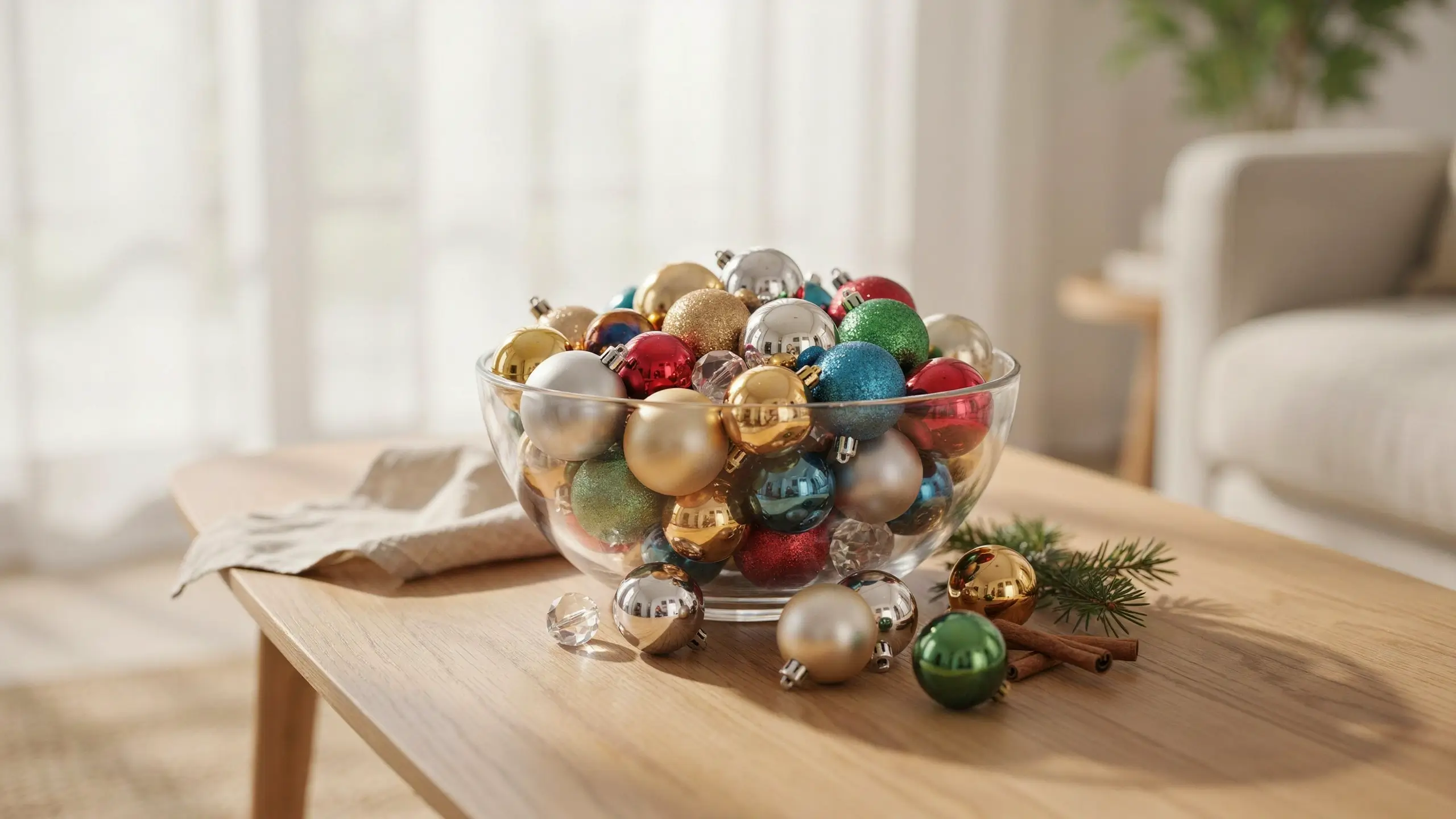 A clear glass bowl brimming with a mix of metallic and glitter Christmas ornaments in festive shades of red, gold, silver, green, and blue. The bowl rests on a light wooden coffee table, flanked by loose baubles, cinnamon sticks, and a fresh pine sprig, surrounded by natural window light in a bright, cozy living room.