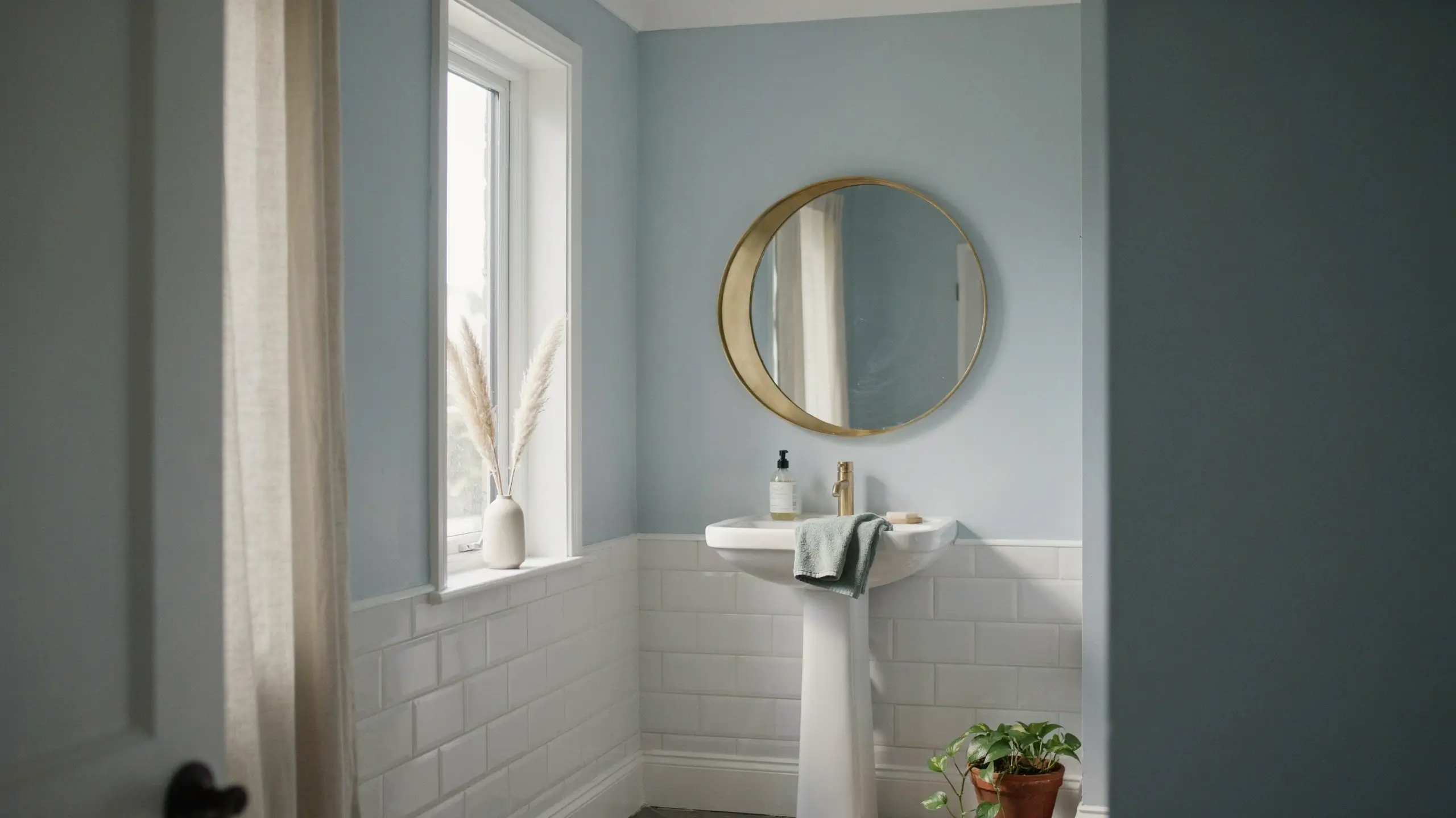 Gold-rimmed round mirror mounted across from a window above a white pedestal sink in a light blue modern bathroom.