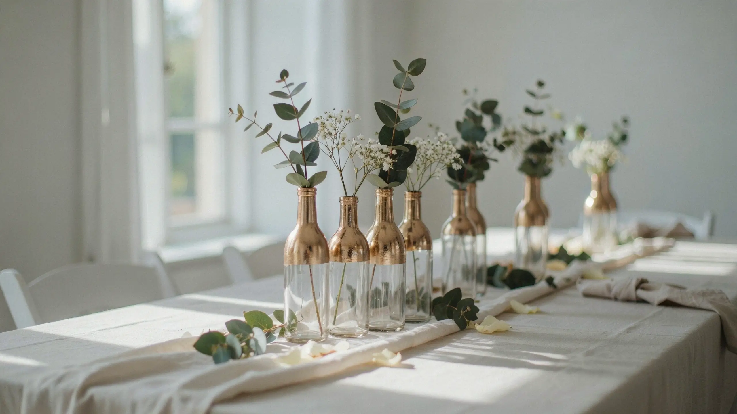 A minimalist table centerpiece featuring a row of upcycled IKEA KORKEN glass bottles with metallic gold-painted necks, holding fresh eucalyptus stems and baby's breath flowers, set on a white linen runner in bright, natural window light.