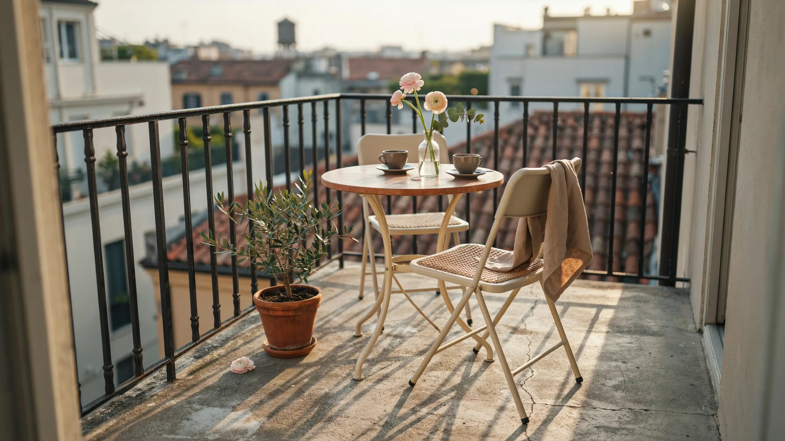 Cozy balcony bistro set for two with coffee cups, olive tree, and golden hour city view.