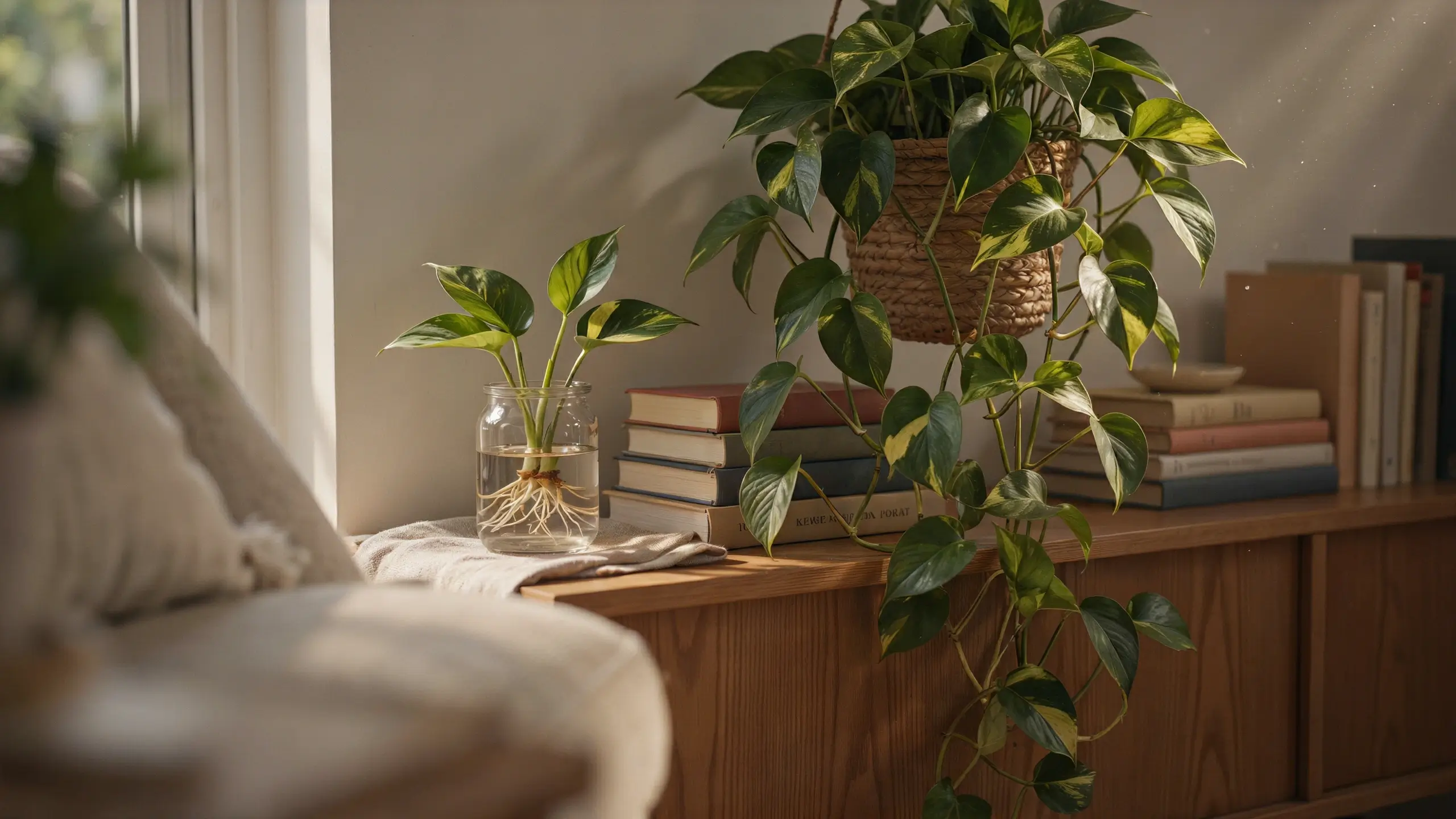 Golden Pothos plant cuttings with visible white roots growing in a clear glass jar of water, placed on a wooden cabinet next to a large trailing golden pothos in a woven hanging basket and stacked books near a sunny window.