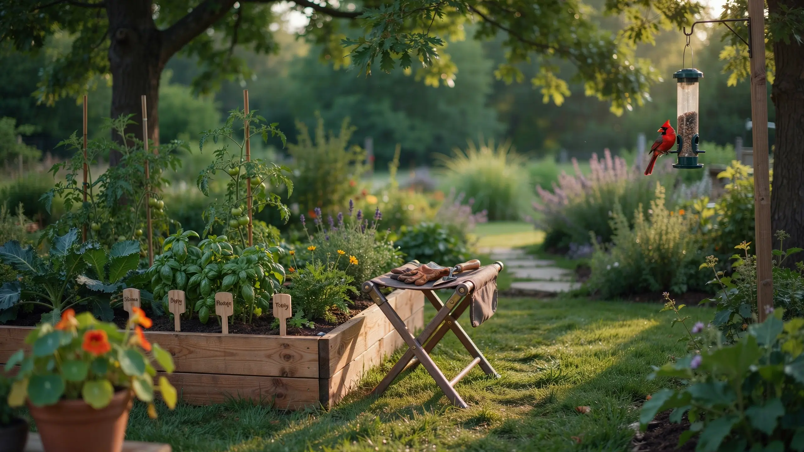 Grandpa's golden hour vegetable garden with a raised bed of tomato and basil plants, gardening tools on a stool, and a red cardinal at the hanging bird feeder. 