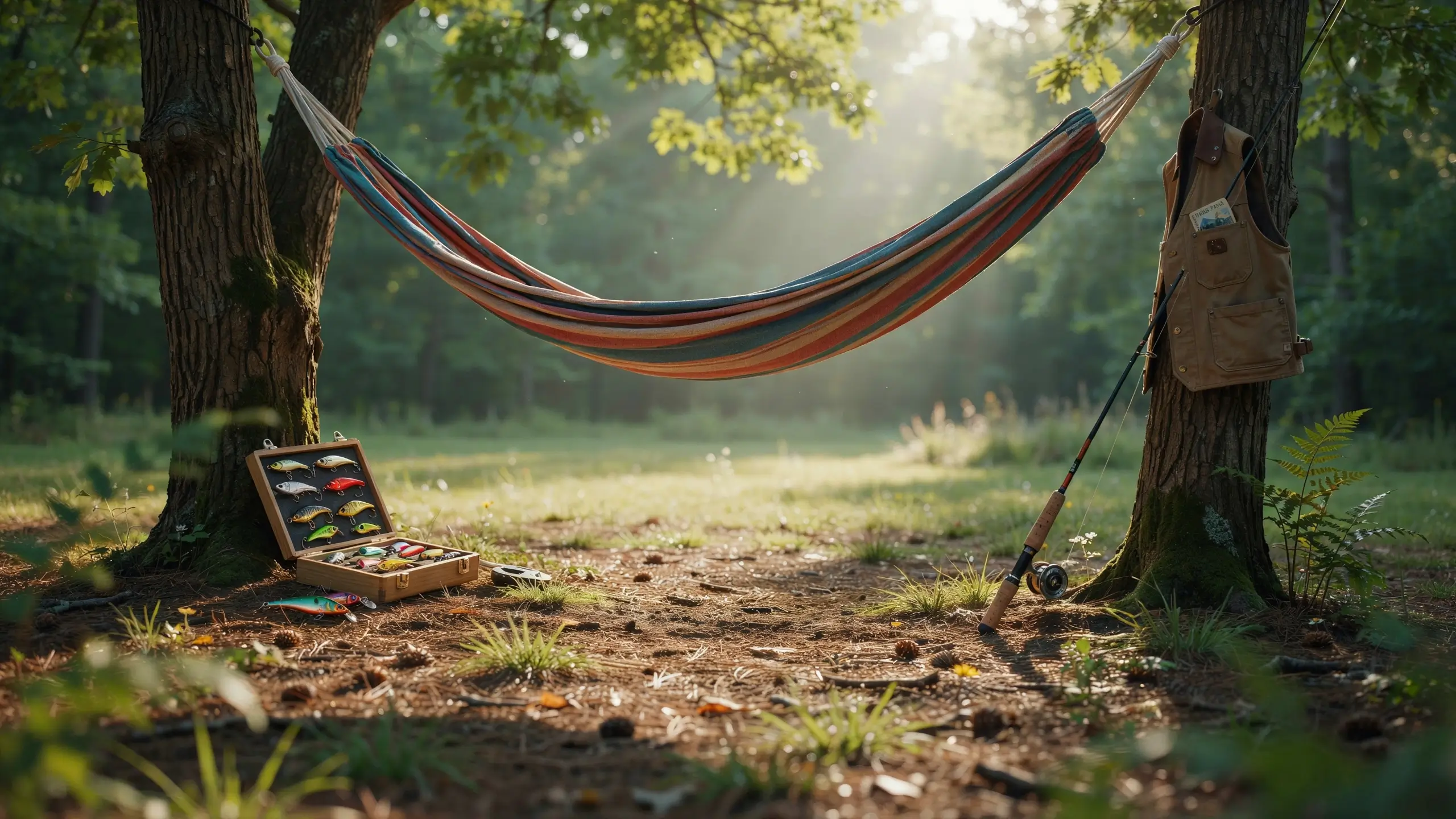 A colorful striped hammock and fishing gear, including an open tackle box with lures and a rod and vest, set between trees in a sunlit forest clearing for grandpa's outdoor retreat. 