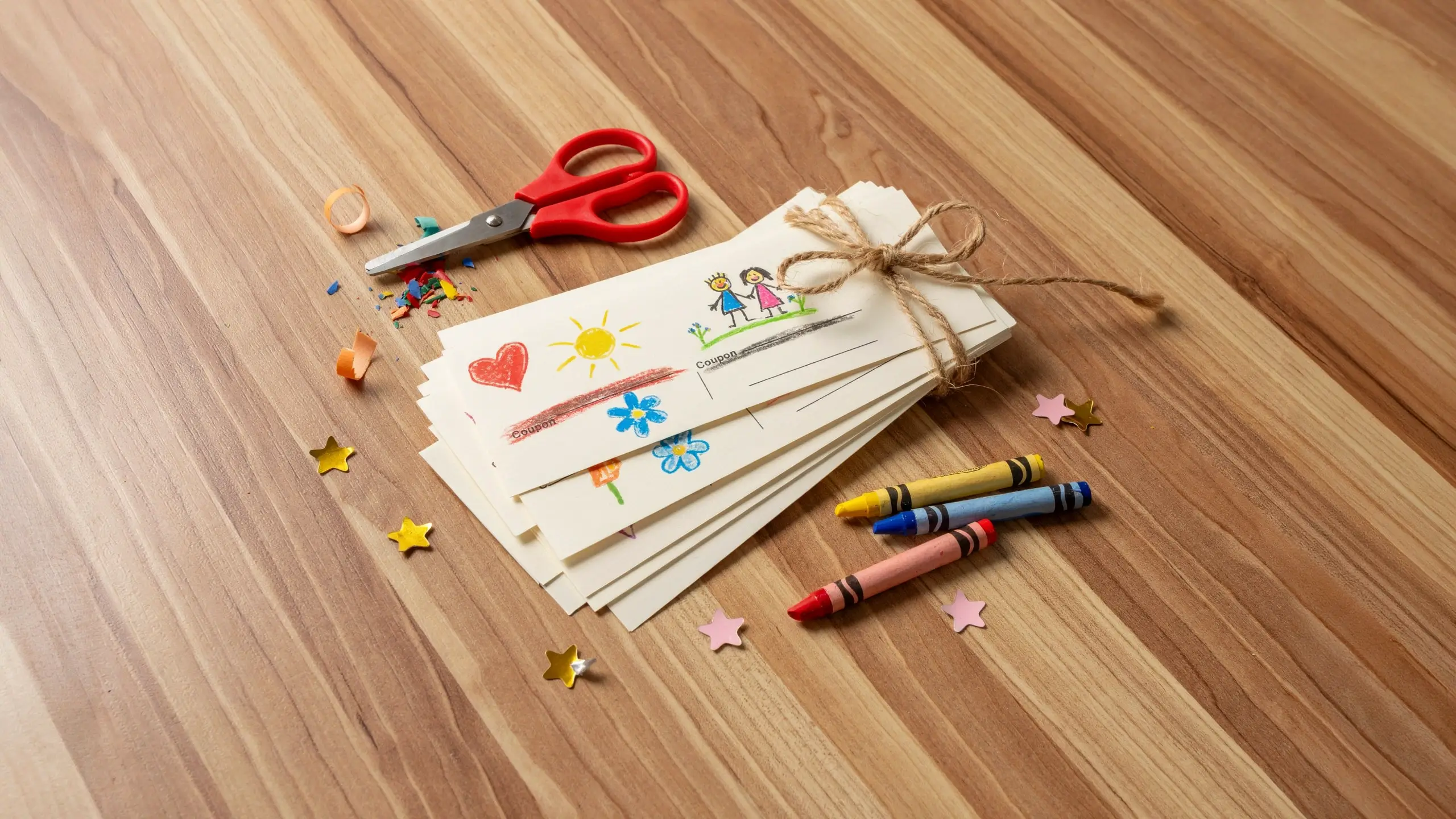A handmade coupon book from the grandkids, tied with rustic twine, featuring child-like crayon drawings of a sun, heart, and stick figures, placed on a wooden table alongside scissors and star confetti.