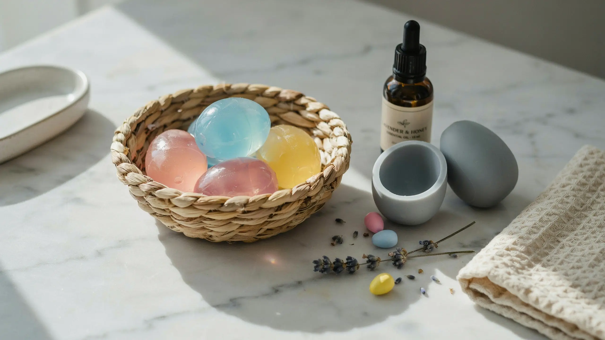 A woven wicker basket filled with pastel blue, pink, and yellow translucent Easter egg soaps resting on a white marble counter, surrounded by a grey silicone egg mold, dried lavender sprigs, and a bottle of lavender honey essential oil.