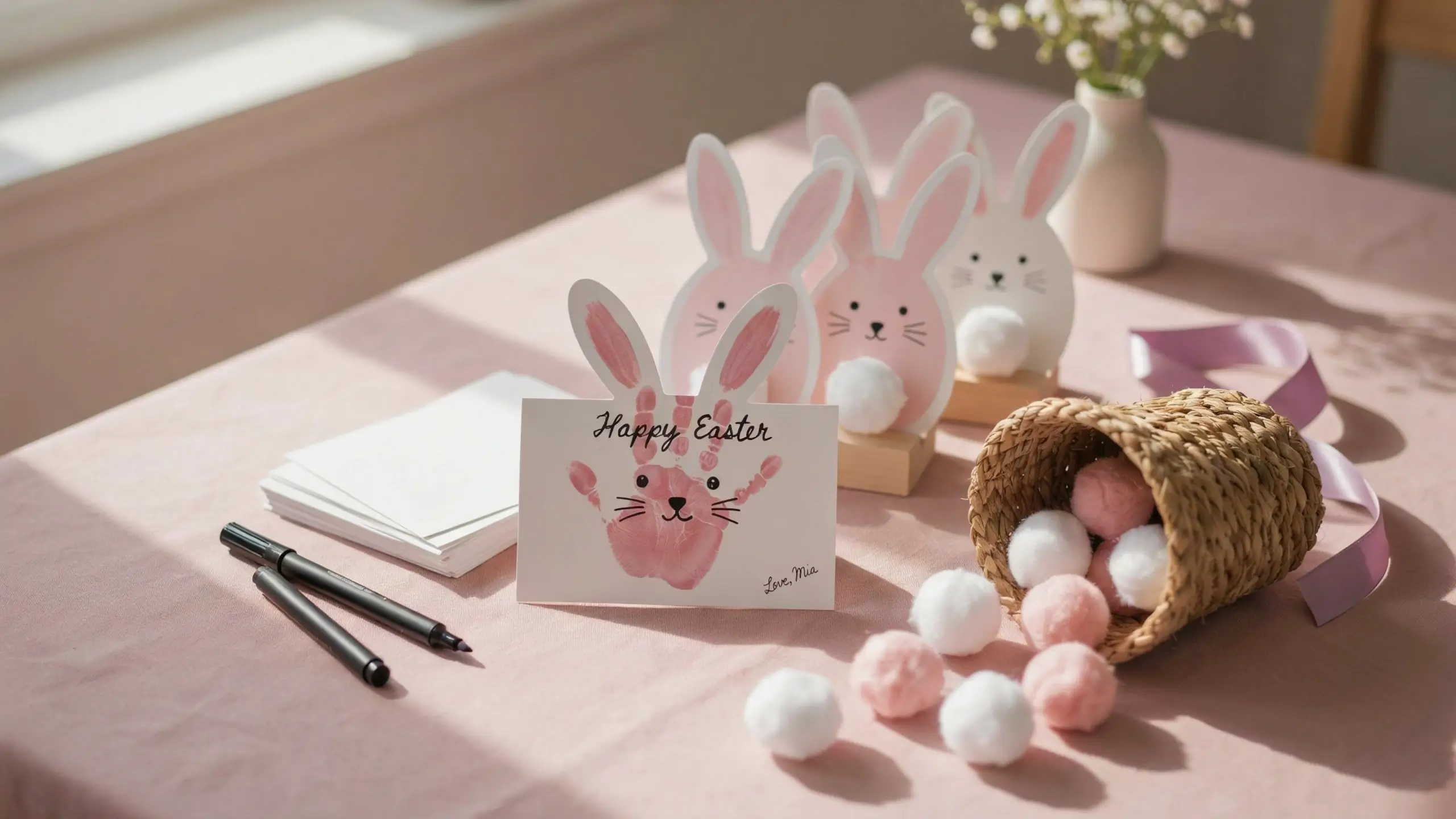 Handmade Easter greeting card created from a pink child's handprint featuring bunny ears, whiskers, and the text "Happy Easter," resting on a dusty pink table beside craft pens, envelopes, pink and white pom-poms, and decorative wooden bunny cutouts.