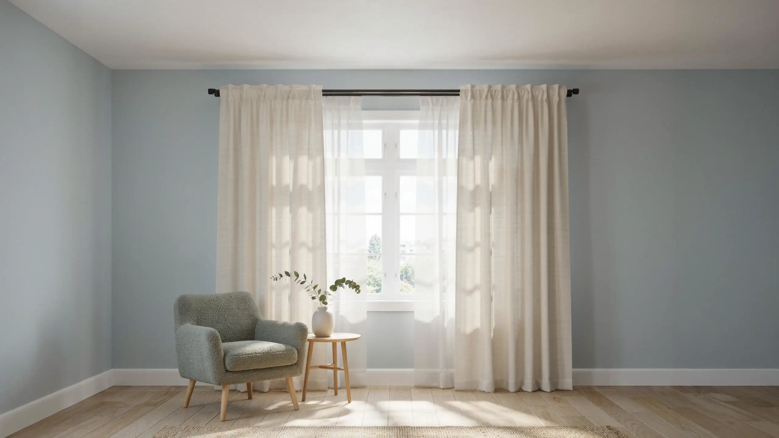 White sheer curtains hung high and wide on a black rod to frame a window in a bright room, featuring a green armchair, wooden side table, and light blue walls.