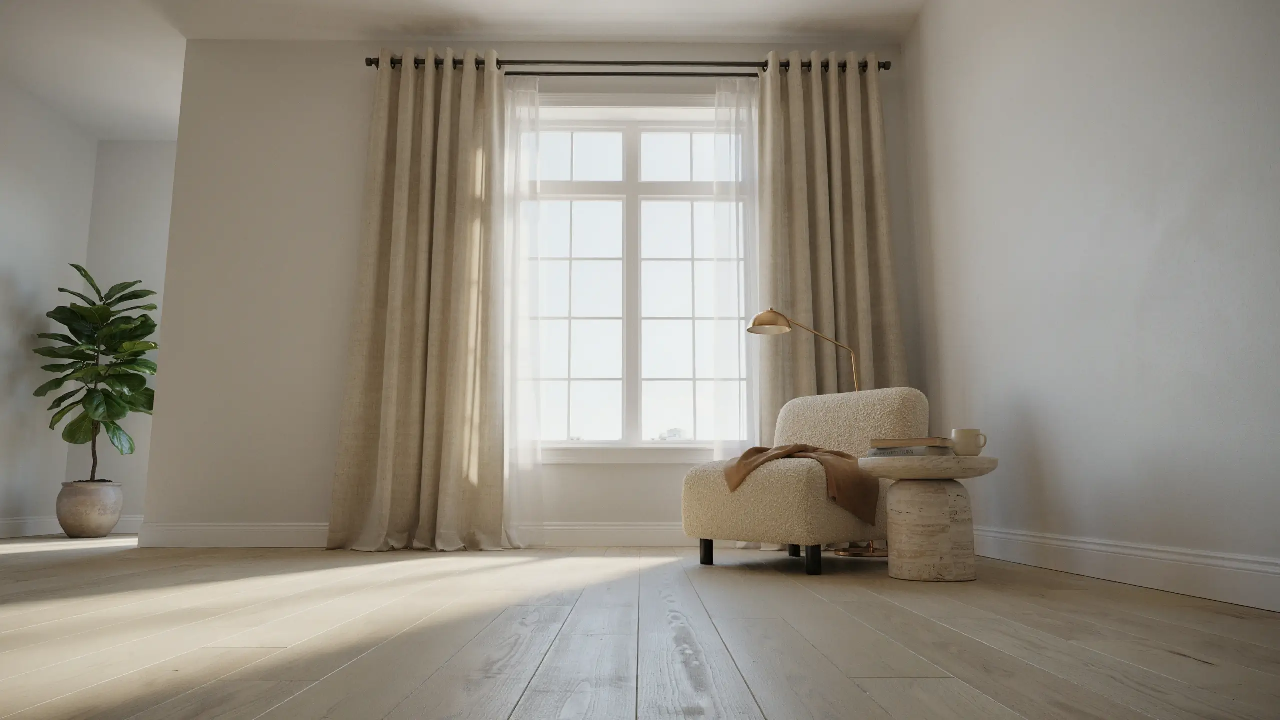 Minimalist living room interior demonstrating how to hang curtains higher and wider than the window frame on a black rod, enhancing vertical space with beige floor-length drapes, a white boucle armchair, and natural sunlight.