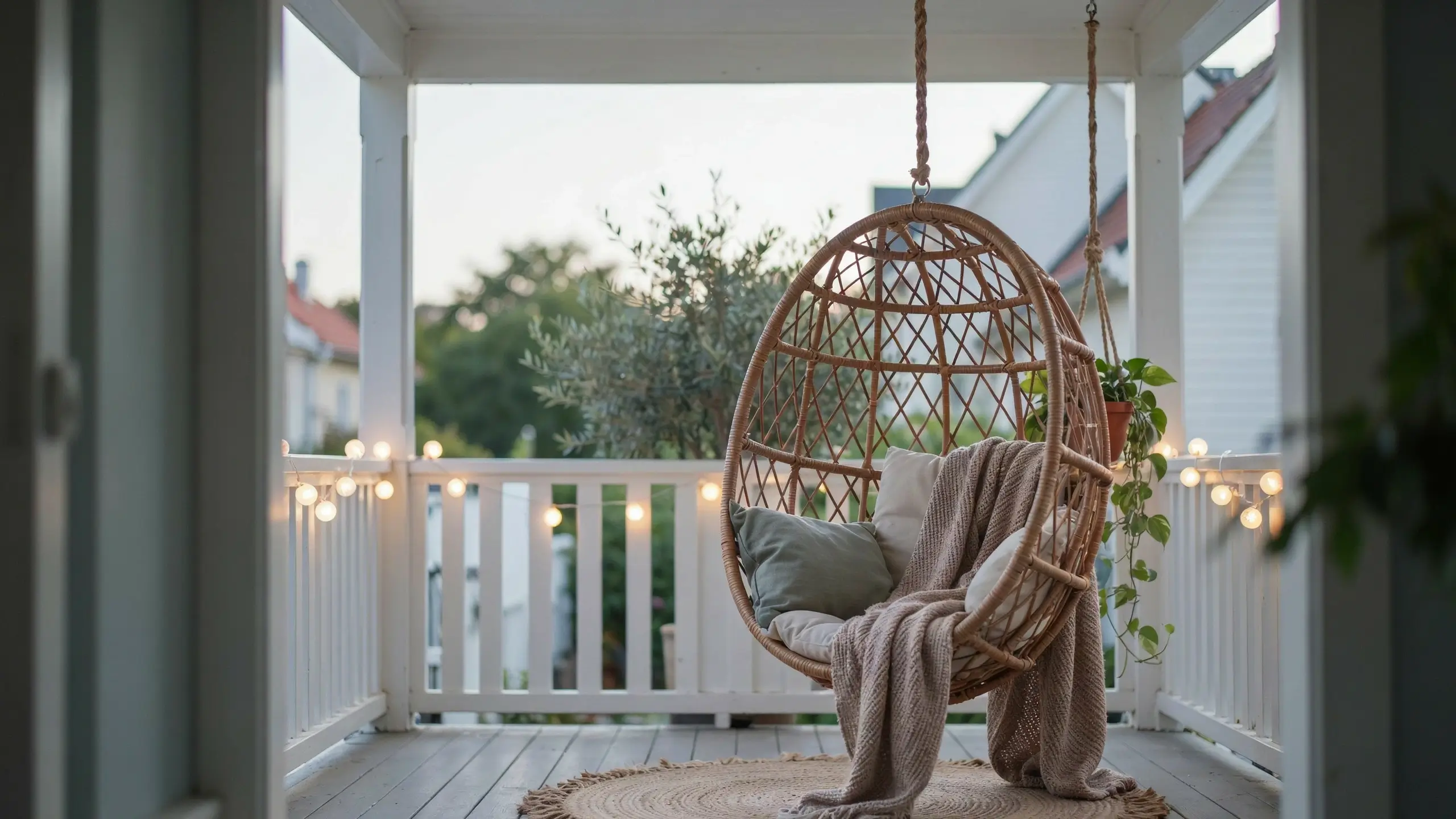 Woven rattan hanging egg chair with sage green pillows and a chunky knit throw blanket on a white wooden balcony decorated with warm string lights and a potted pothos plant.