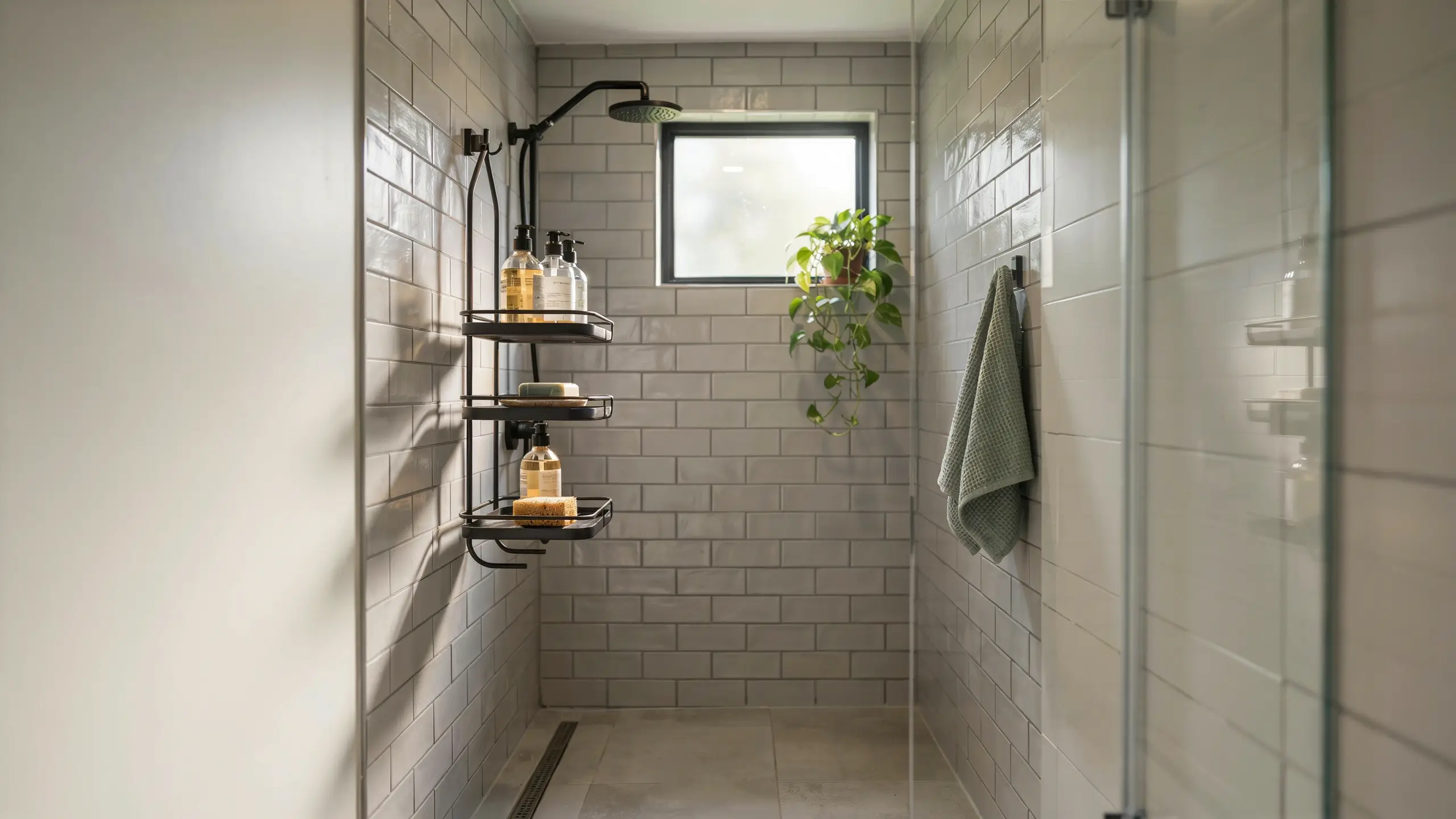 Black metal hanging shower caddy attached to the shower head pipe, holding shampoo and soap bottles on a light grey subway tile wall in a bright, modern shower stall with a window and green plant.
