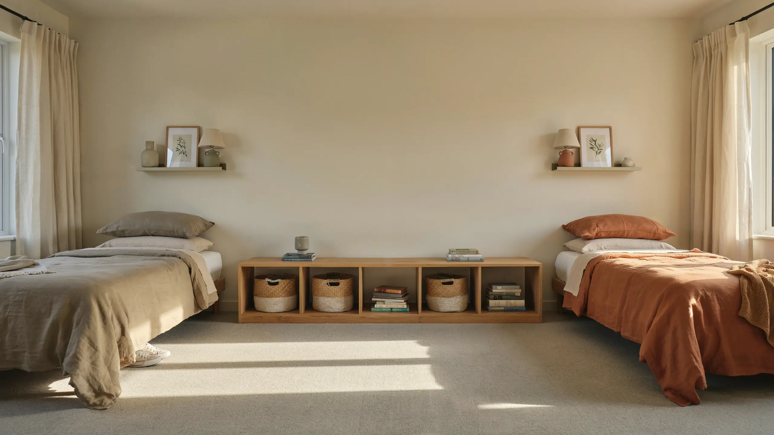 Two twin beds arranged head-to-head across opposite walls in a neutral bedroom, separated by a low wooden storage console acting as a room divider.