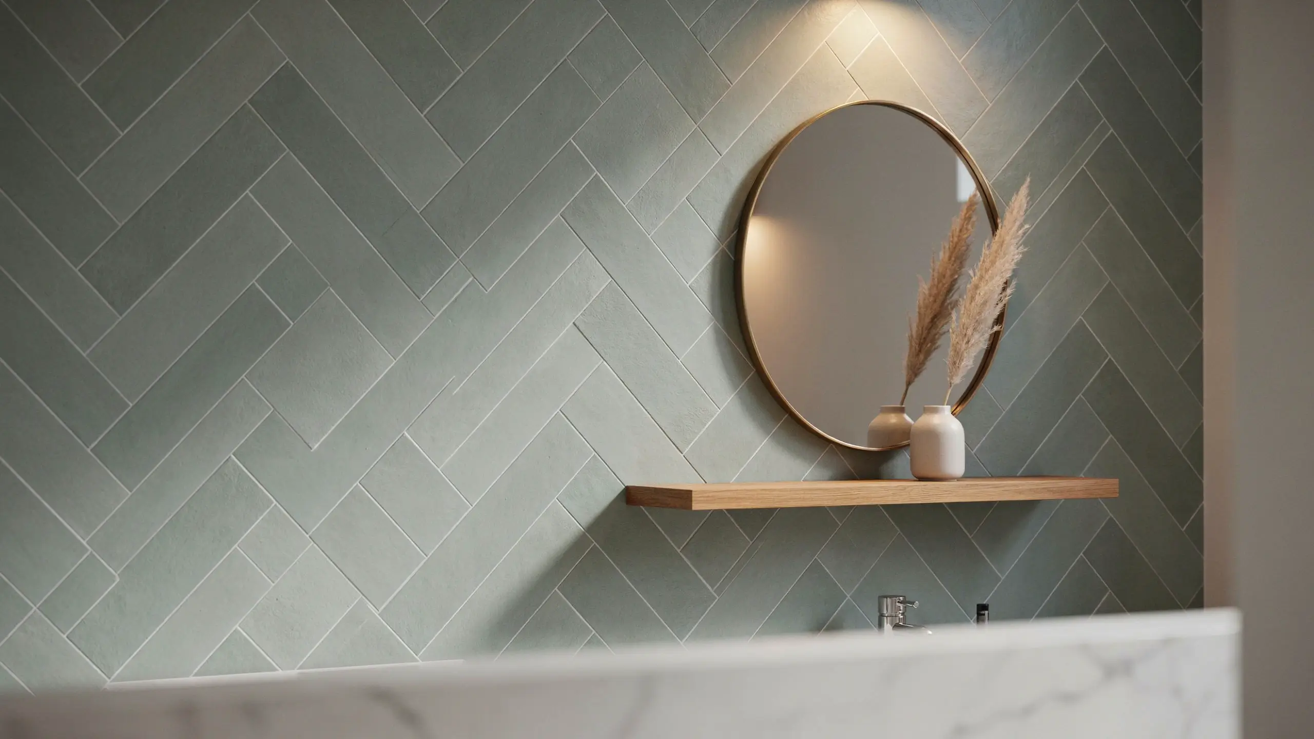 Sage green herringbone tile bathroom wall featuring a round brass mirror, floating wood shelf, and white ceramic vases with dried pampas grass, creating a modern high-end aesthetic.