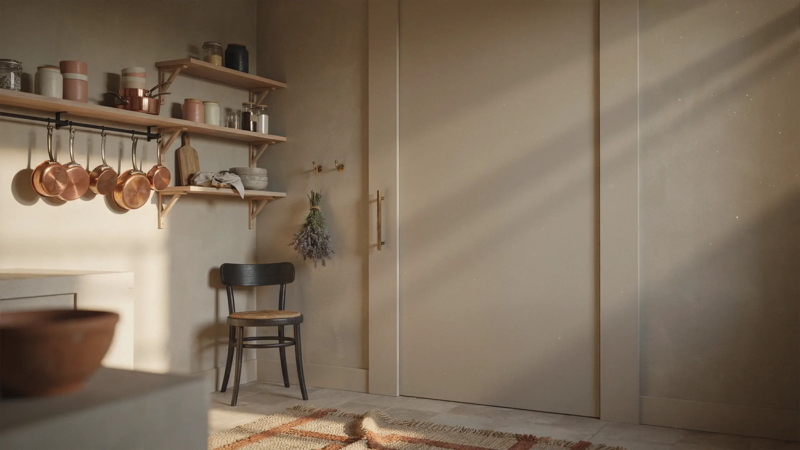 A minimalist kitchen interior featuring a large seamless sliding door with a brass handle, designed to conceal functional storage areas, surrounded by warm sunlight, wooden shelves, and hanging copper cookware.