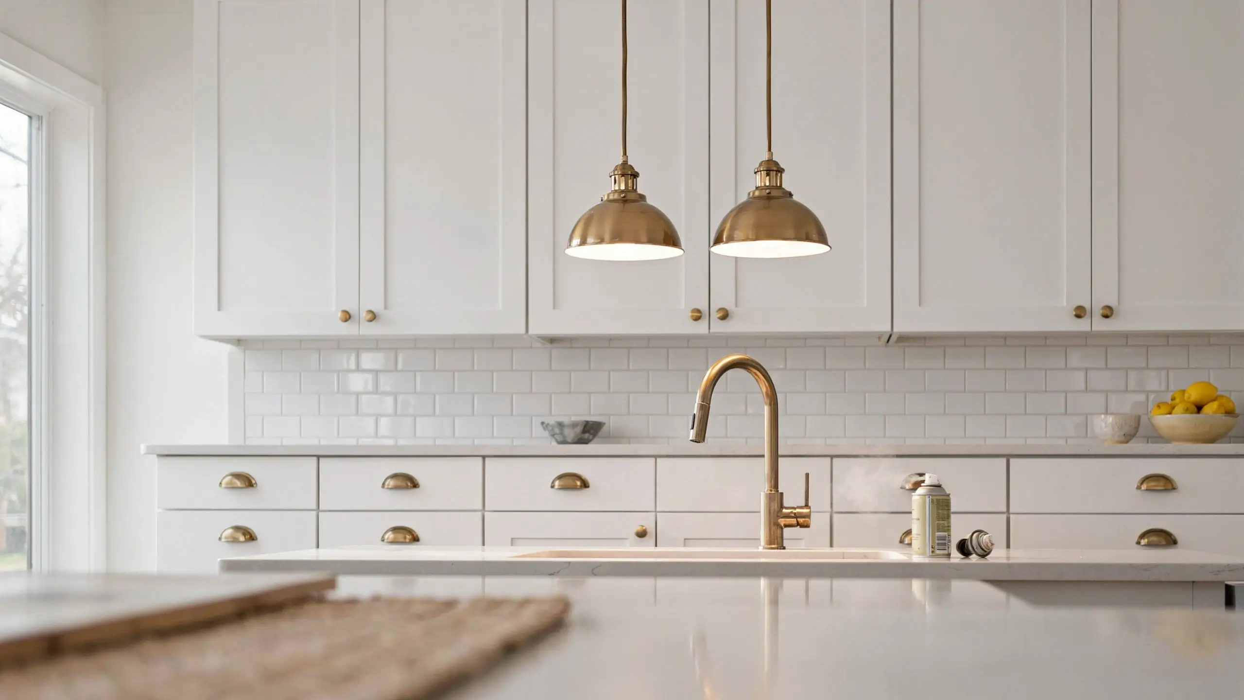 Modern white kitchen featuring brass pendant lights, a matching brass gooseneck faucet, and brass drawer cup pulls showcasing consistent metallic finishes for a cohesive design.