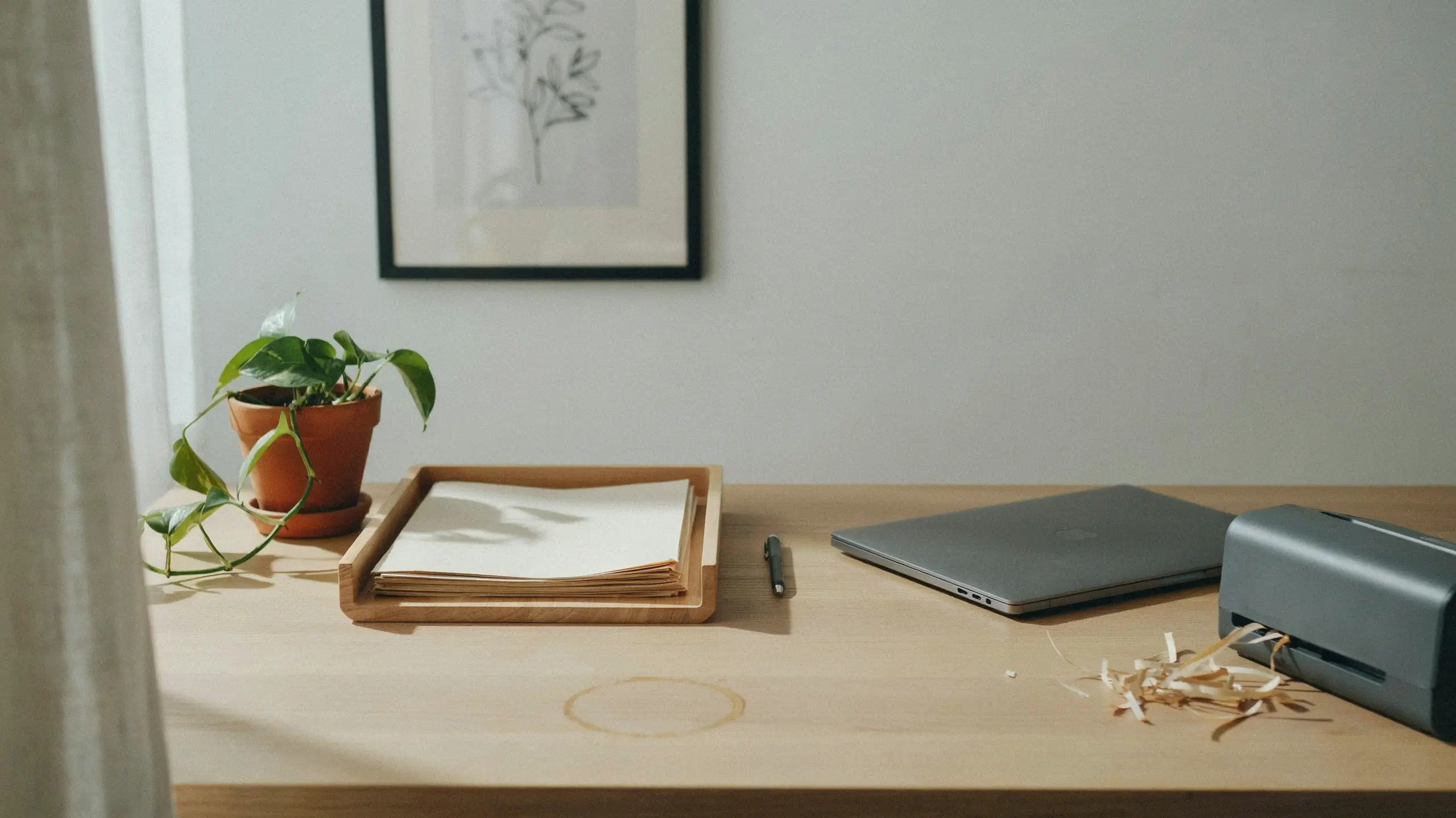 Minimalist home office desk with a wooden tray of white paper, a closed silver laptop, a potted trailing plant, and a gray printer with scattered paper strips on a light wood surface.