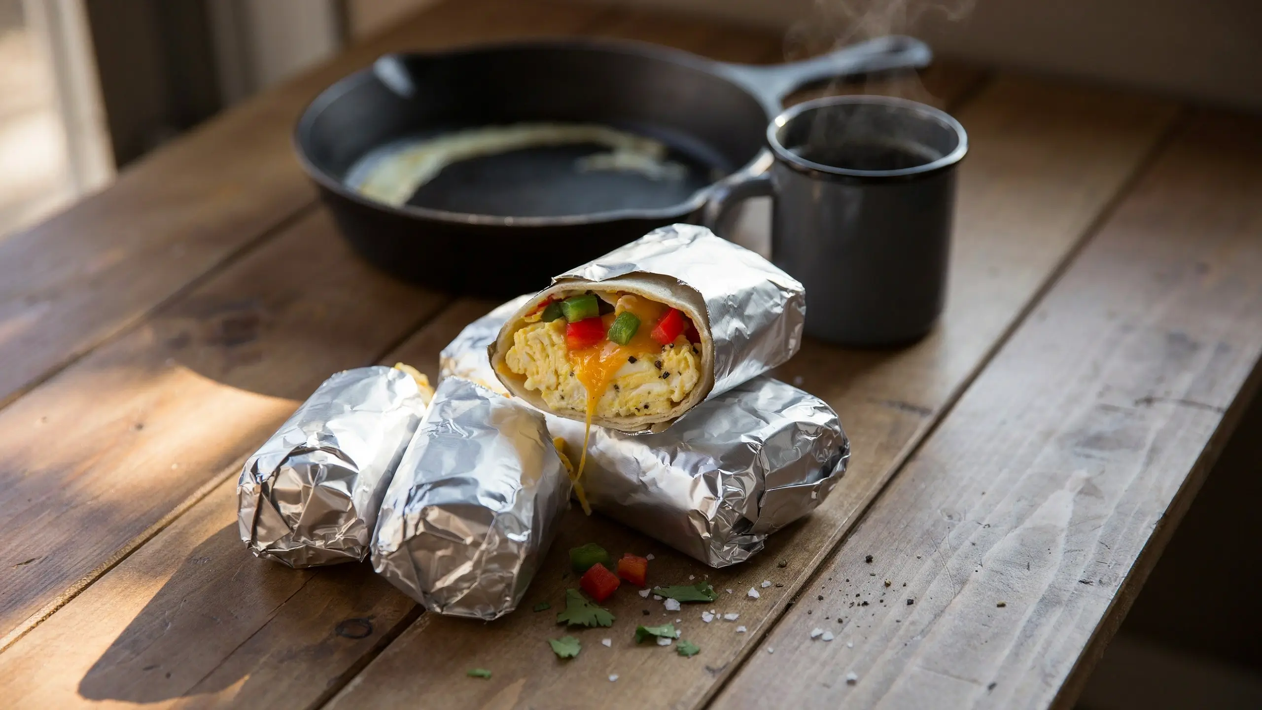 A stack of foil-wrapped breakfast burritos on a rustic wooden table. The top burrito is cut open to show a savory filling of fluffy scrambled eggs, melted cheddar cheese, and diced red and green bell peppers. A steaming mug of coffee and a cast iron skillet sit in the blurred background, setting a cozy morning mood.