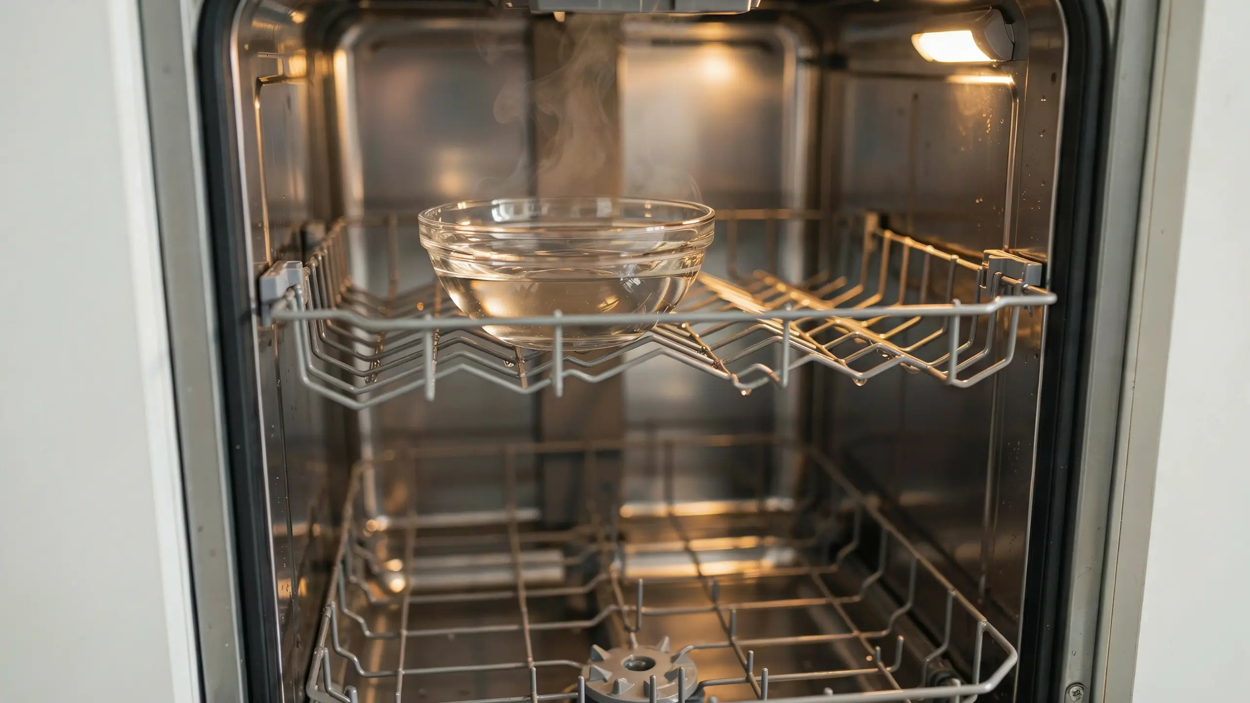 Steaming glass bowl of hot vinegar and water in the top rack of an illuminated stainless steel dishwasher during deep cleaning.