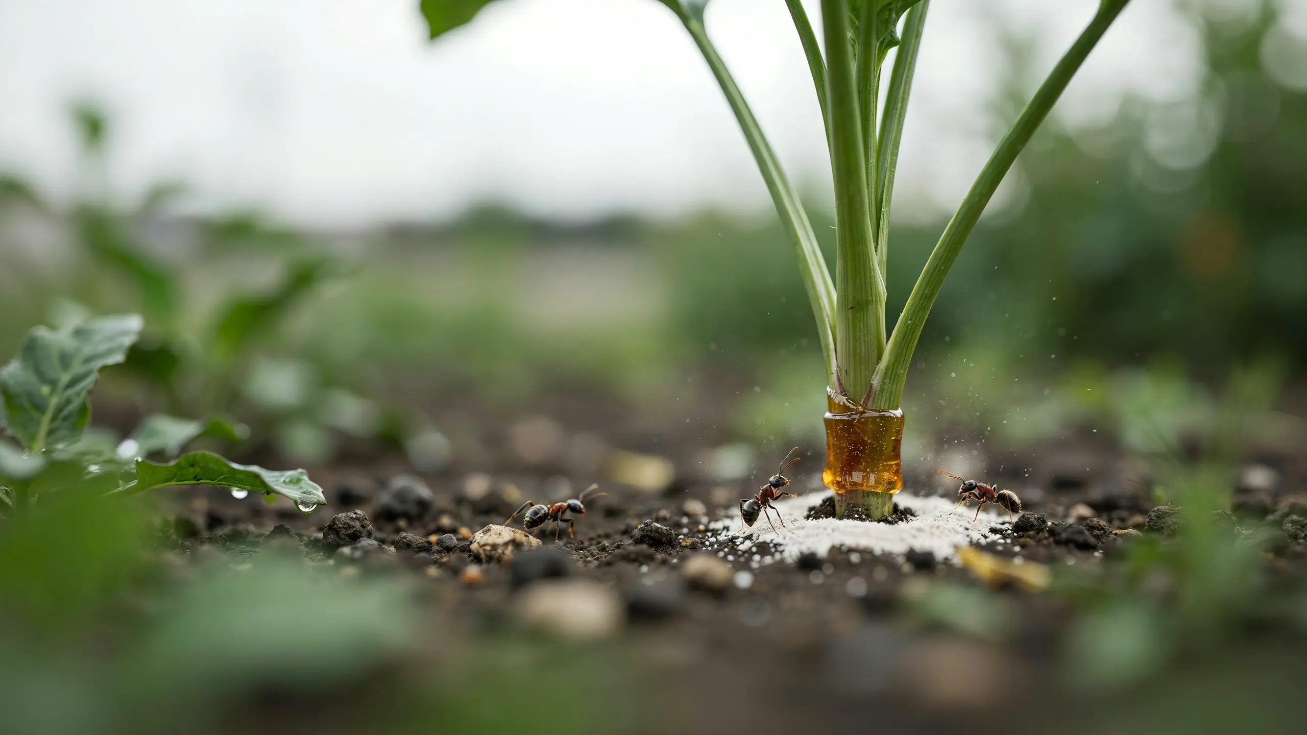 Close-up of ants crawling near a garden plant stem protected by an amber sticky pest barrier and white granular soil insecticide to eliminate guards.