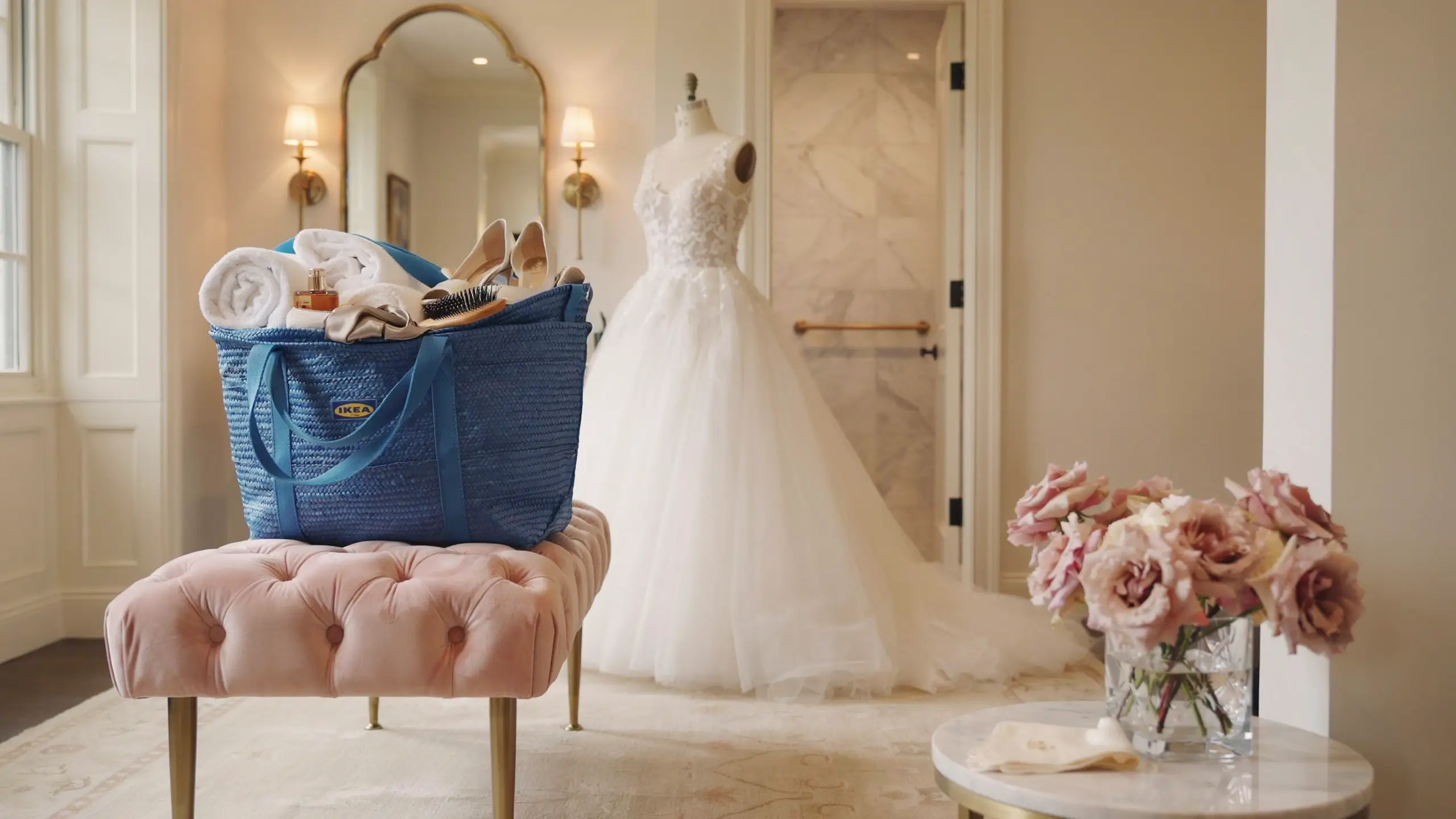 Blue IKEA FRAKTA bag used for bathroom organization, sitting on pink ottoman next to white wedding gown.