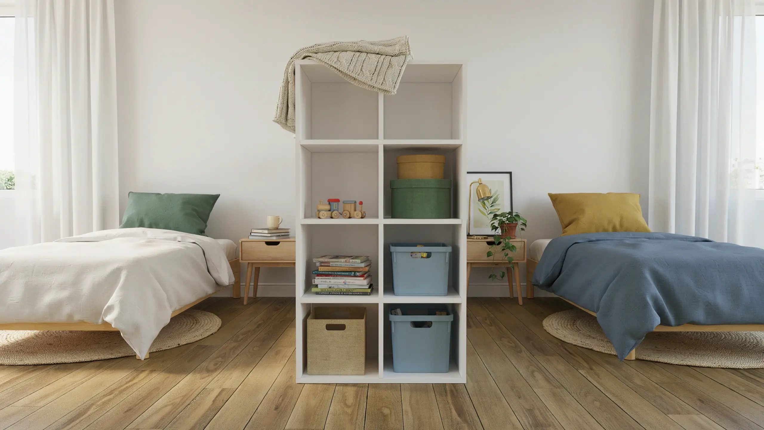 White IKEA Kallax shelving used as a budget-friendly room divider separating two twin beds with organized storage bins and books.