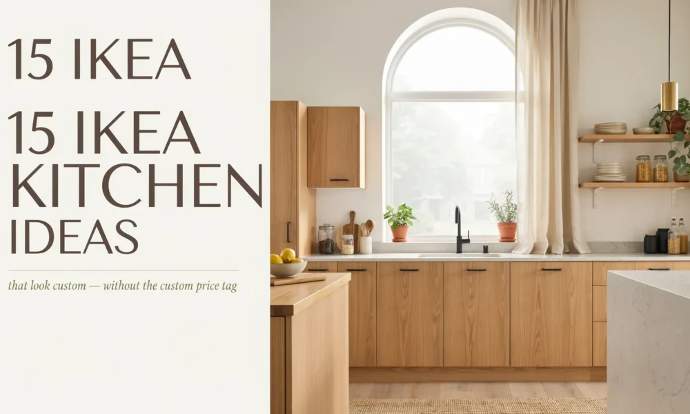 Airy, light oak IKEA kitchen with an arched window, floating wooden shelves, and minimalist decor showcasing 15 custom-looking design ideas on a budget.
