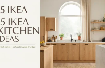 Airy, light oak IKEA kitchen with an arched window, floating wooden shelves, and minimalist decor showcasing 15 custom-looking design ideas on a budget.