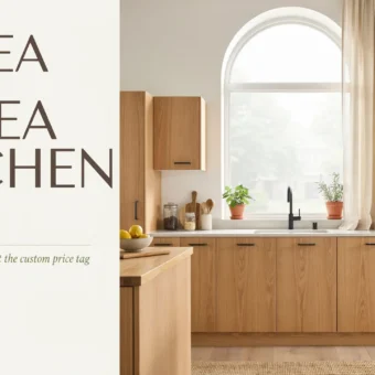 Airy, light oak IKEA kitchen with an arched window, floating wooden shelves, and minimalist decor showcasing 15 custom-looking design ideas on a budget.