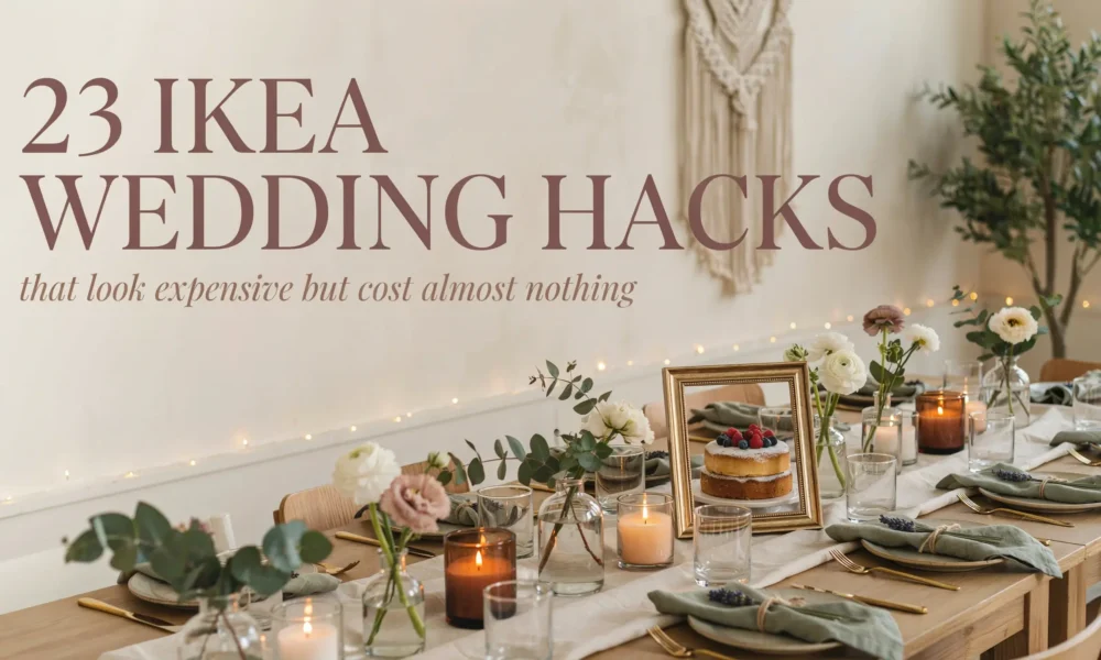 IKEA wedding hacks for a budget-friendly boho table setting featuring gold flatware, white floral centerpieces, and amber glass candles.