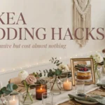 IKEA wedding hacks for a budget-friendly boho table setting featuring gold flatware, white floral centerpieces, and amber glass candles.