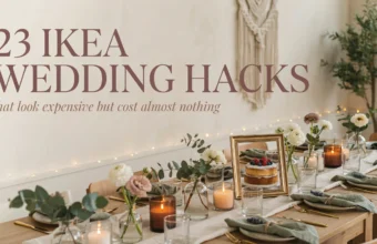 IKEA wedding hacks for a budget-friendly boho table setting featuring gold flatware, white floral centerpieces, and amber glass candles.