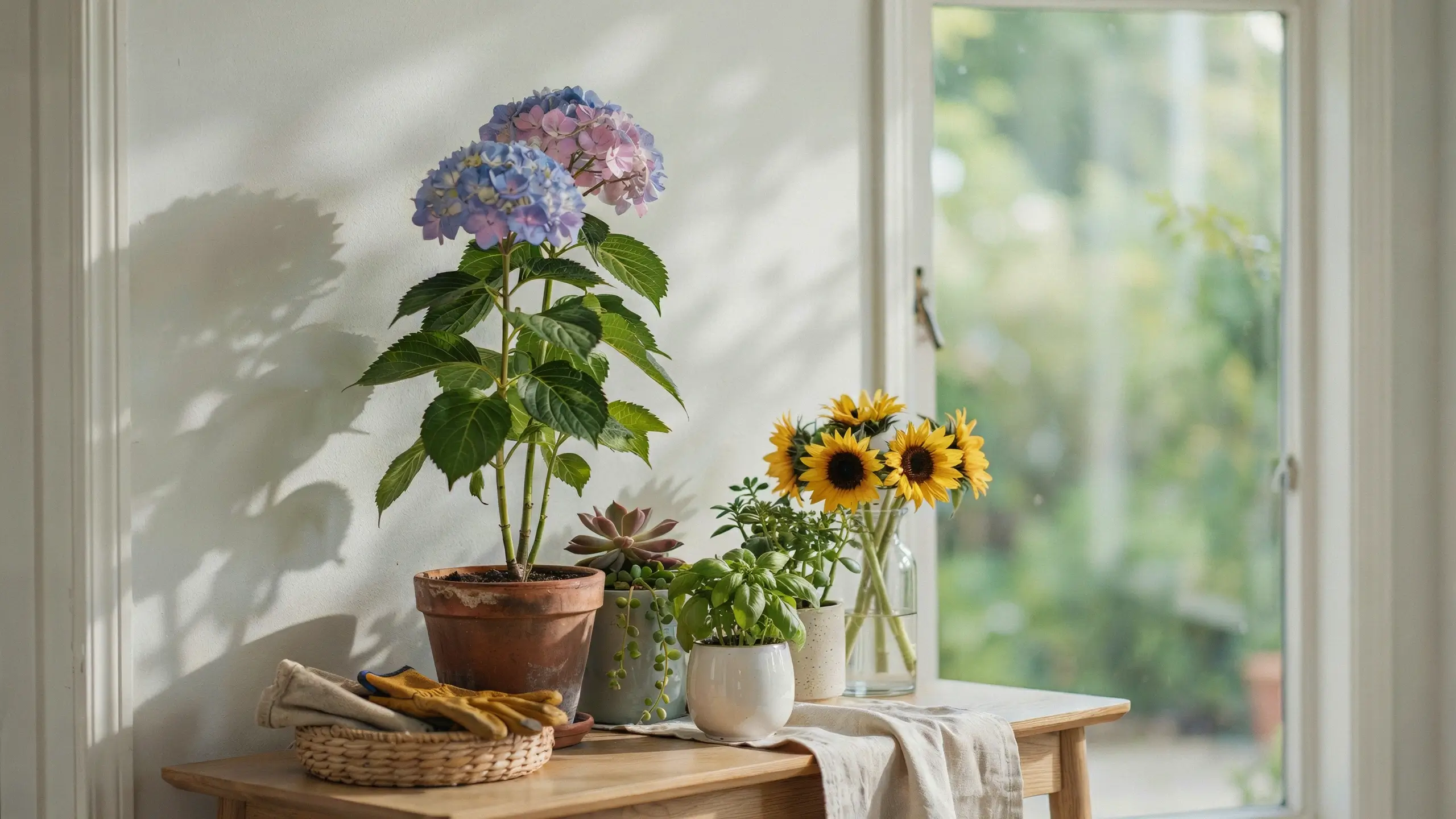 Sunlit indoor tabletop arrangement featuring a potted pink and blue hydrangea, small succulents, and bright yellow sunflowers in a clear glass vase, styled with yellow gardening gloves and a woven wicker basket on a wooden console near a glass door.