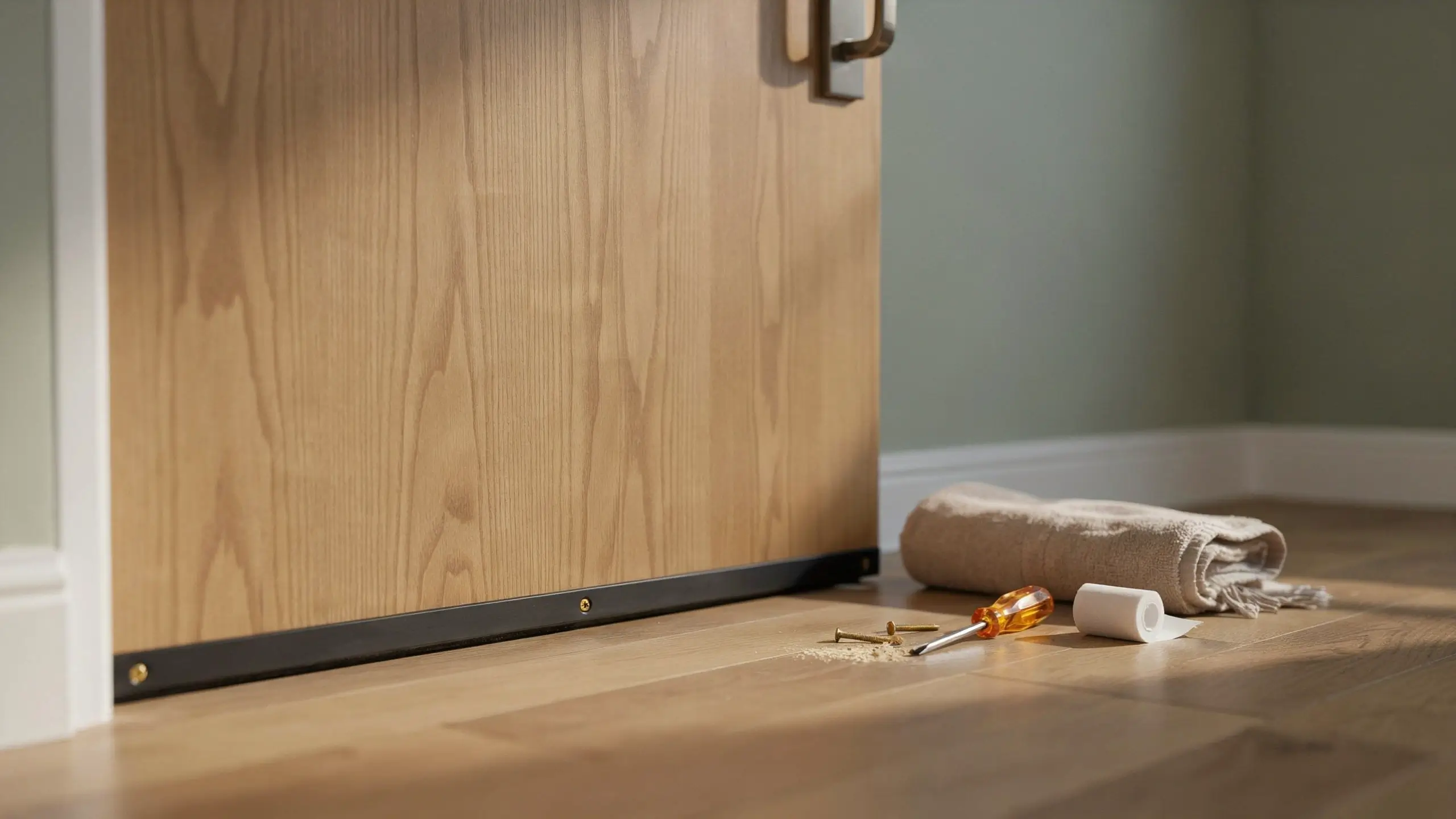 Close-up of a wooden door with a newly installed black rubber draft stopper, showing a screwdriver, screws, and a rolled towel on the floor for soundproofing.