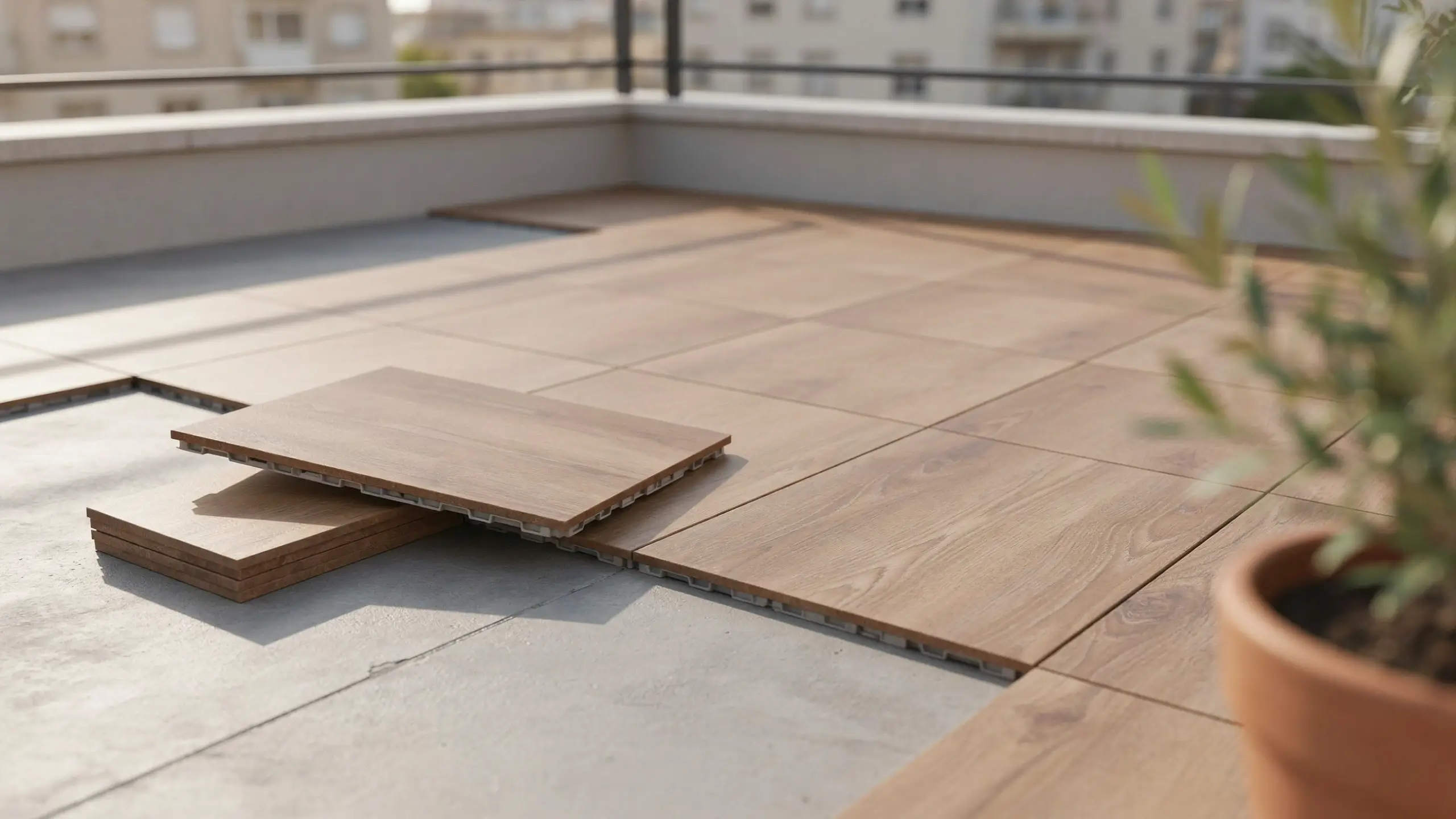 Installing light brown interlocking wood deck tiles on a concrete outdoor balcony floor for a patio renovation project.
