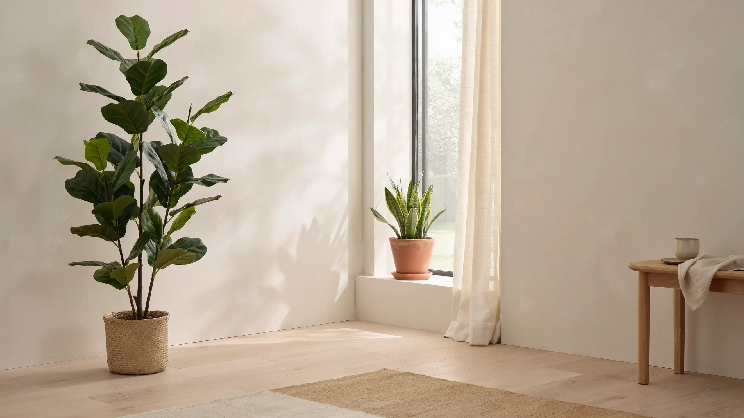 Minimalist living room featuring a large Fiddle Leaf Fig in a woven basket and a Snake Plant on the window sill, showcasing how to bring plants with intention into interior design beyond mere decoration.