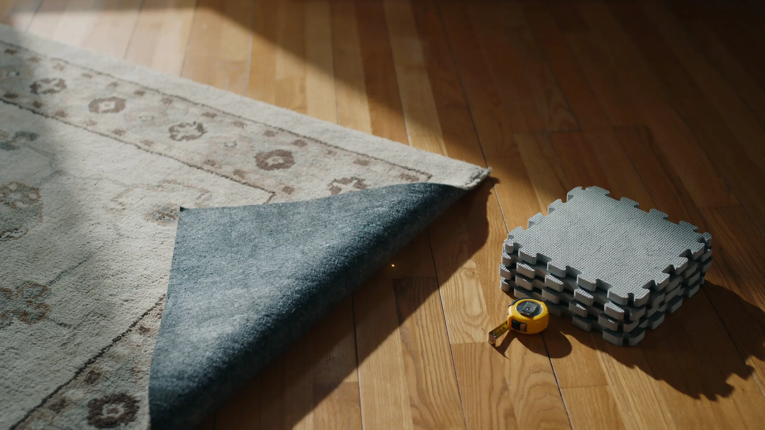 A yellow retractable measuring tape and a stack of gray interlocking foam puzzle mats on a hardwood floor, used for measuring and sealing floor gaps under a folded area rug.