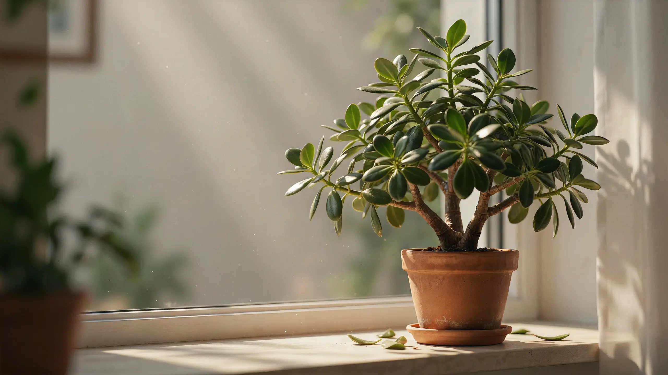 A lush green indoor Jade Plant (Crassula ovata) sitting in a terracotta pot on a sunlit white windowsill with a few fallen leaves.
