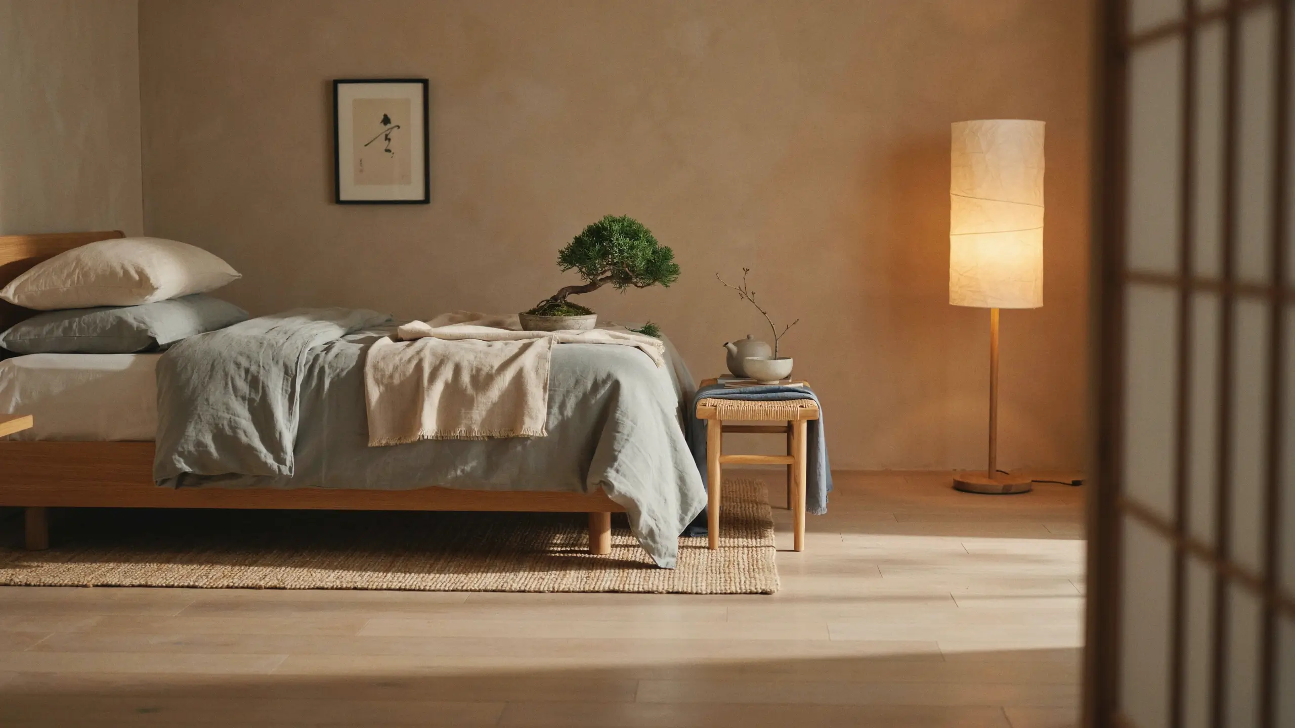 Serene Japandi style bedroom showcasing a light oak platform bed paired with pale blue linen sheets and a cream throw blanket. A beautiful bonsai tree rests on the bed, while a woven rattan stool holds a ceramic teapot and a minimalist dry branch, illuminated by a warm, glowing paper floor lamp against a beige textured wall.