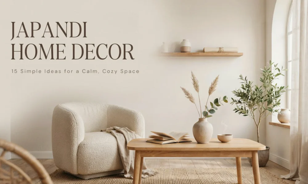 Warm Japandi living room interior featuring neutral beige tones, natural wood furniture, and minimalist decor with a cozy aesthetic.