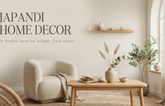 Warm Japandi living room interior featuring neutral beige tones, natural wood furniture, and minimalist decor with a cozy aesthetic.