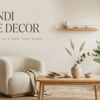 Warm Japandi living room interior featuring neutral beige tones, natural wood furniture, and minimalist decor with a cozy aesthetic.