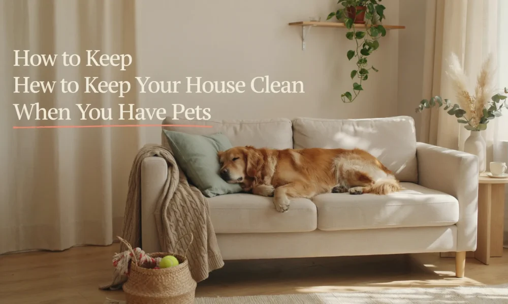 A Golden Retriever sleeping peacefully on a clean white sofa in a cozy, sunlit living room, demonstrating an aesthetic pet-friendly home where the house stays fresh and tidy.