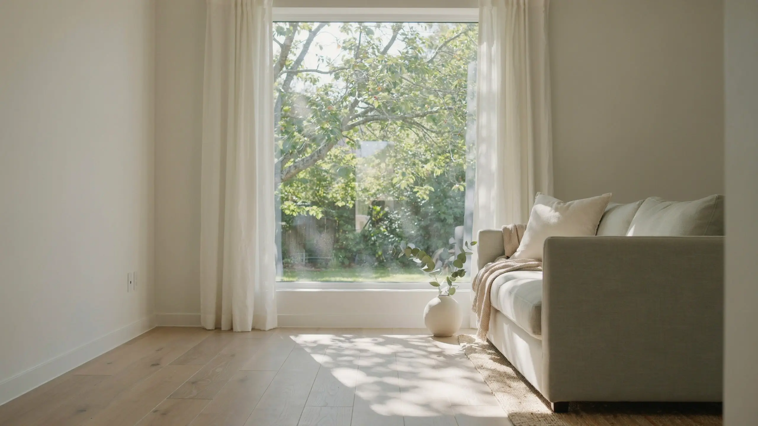 Bright minimalist living room with large window completely unblocked, displaying natural sunlight casting shadows across wooden flooring and highlighting a light-grey sofa.