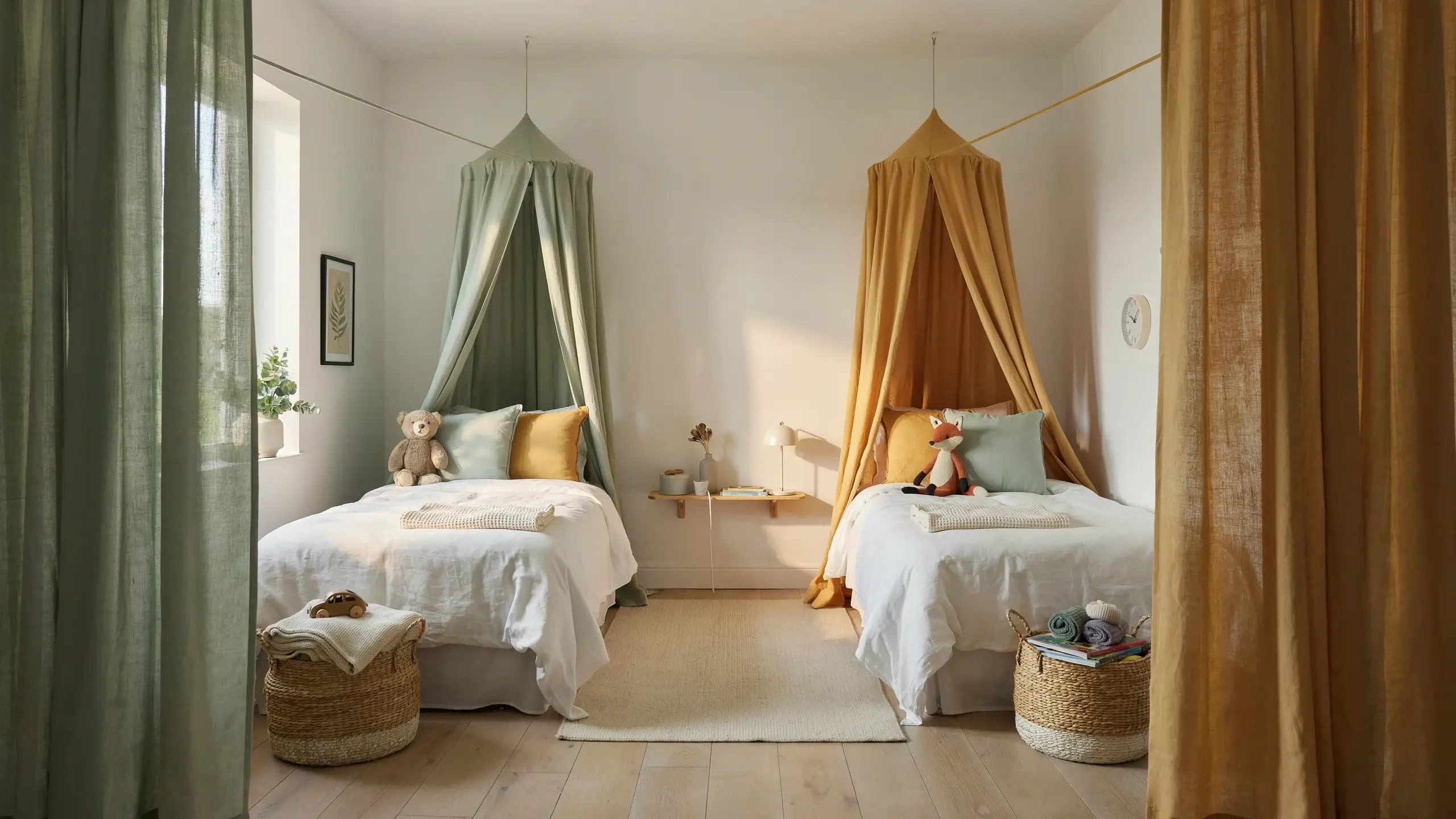 Two twin beds arranged side-by-side in a bright, shared kids bedroom, each featuring a distinct hanging canopy curtain—a muted sage green drape on the left bed and a warm mustard yellow drape on the right. White crisp linens, plush toys (teddy bear and fox), and wicker storage baskets complement the calm, bohemian aesthetic.