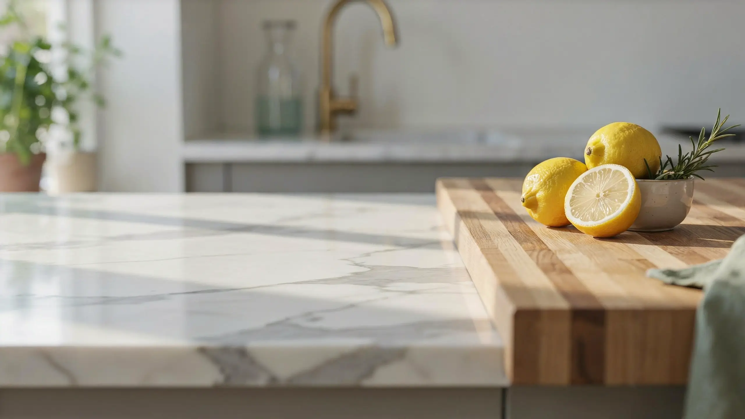 Fresh yellow lemons and rosemary arranged on a thick wooden butcher block overlay, sitting on a white marble kitchen countertop in a modern sunlit space.