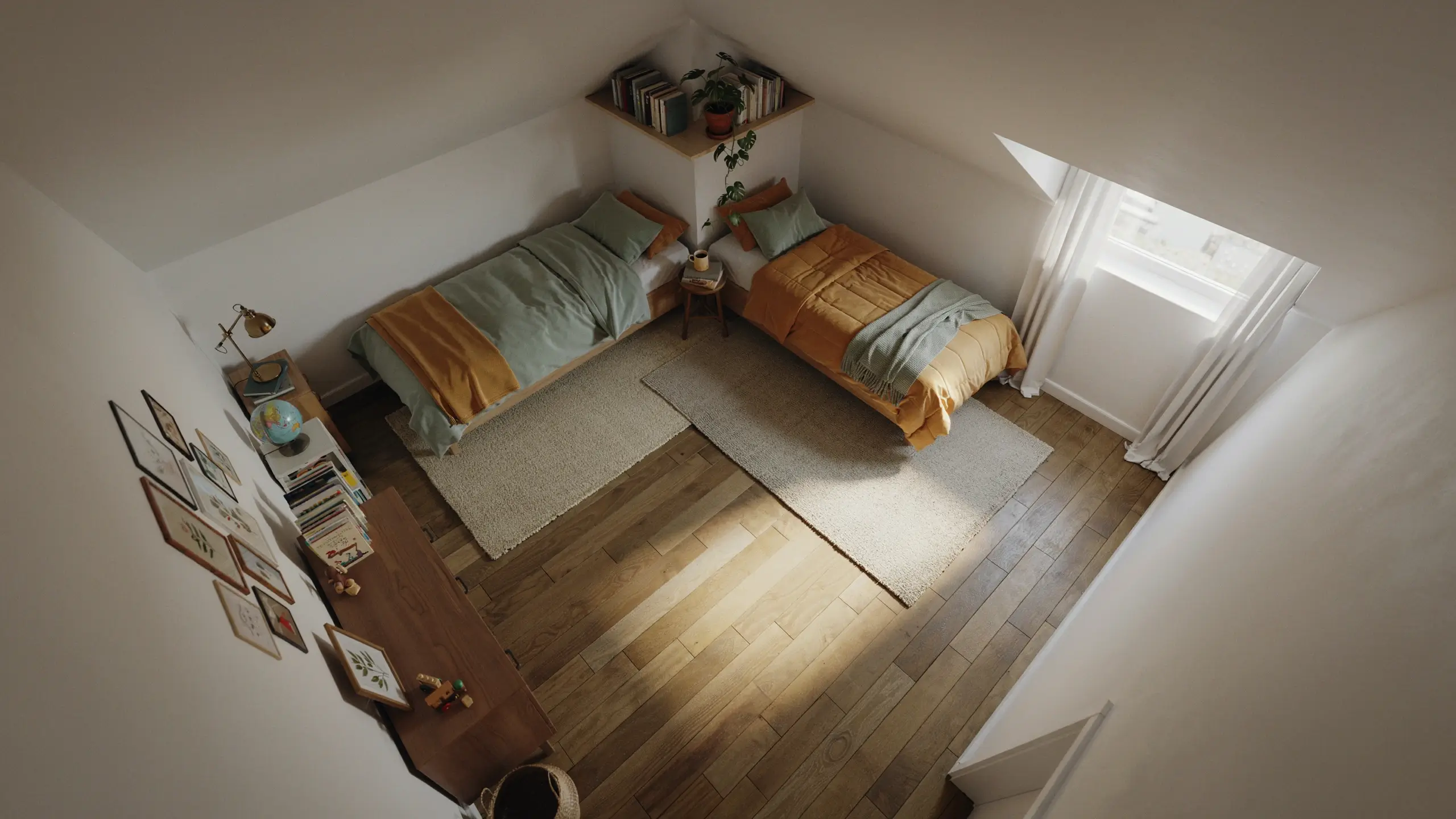 Twin beds arranged in an L-shaped corner layout inside a bright attic bedroom with wooden floors and a built-in corner bookshelf.